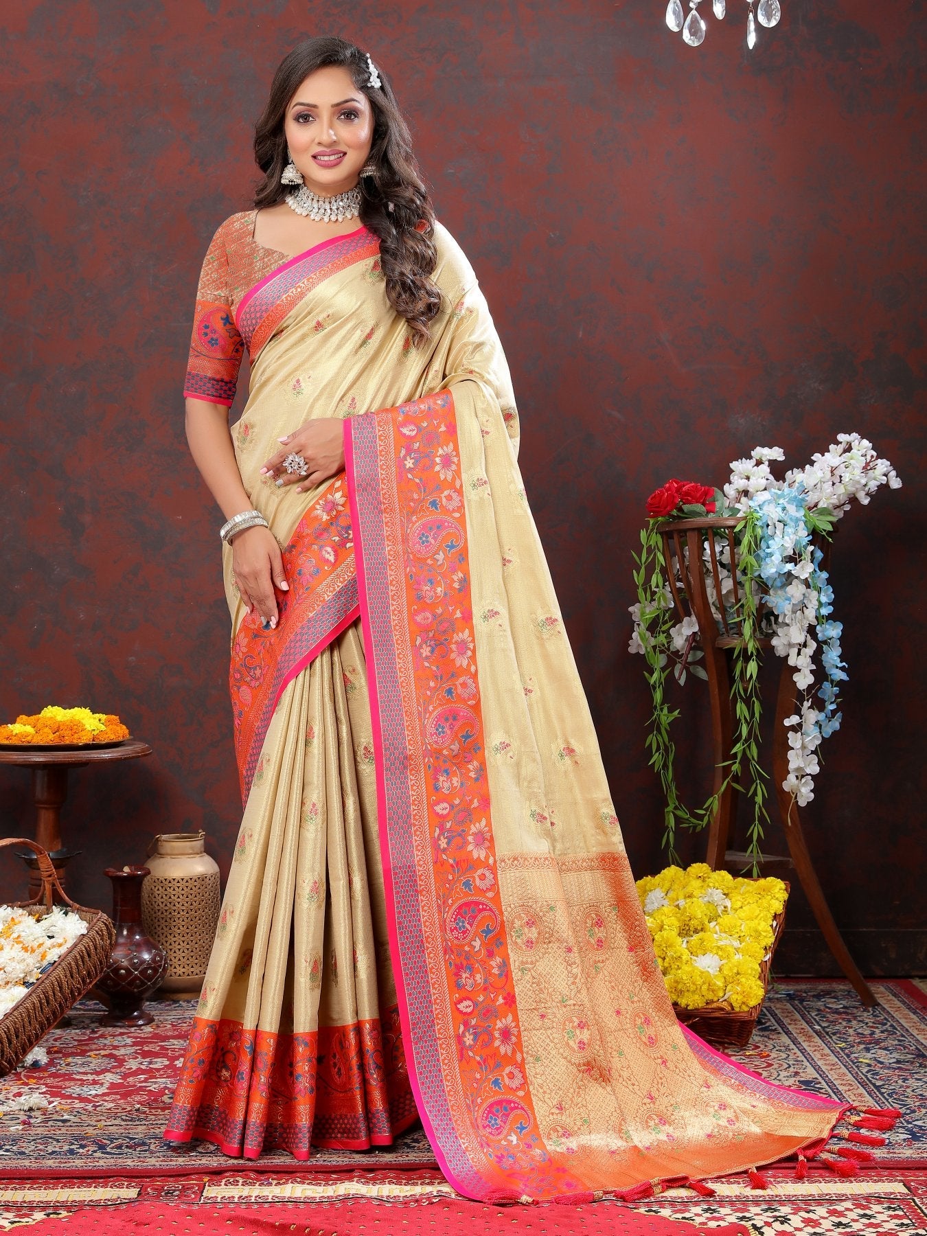 Lovely Beige Soft Banarasi Silk Saree With Delectable Blouse Piece