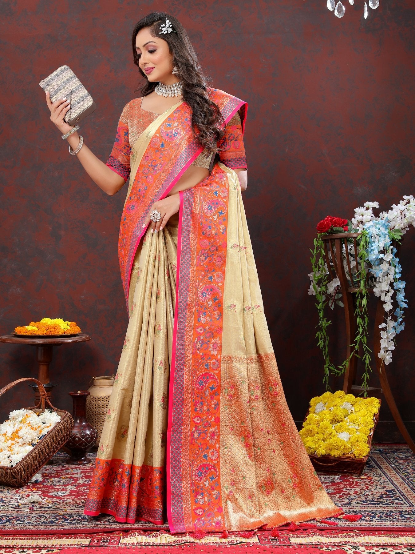 Lovely Beige Soft Banarasi Silk Saree With Delectable Blouse Piece