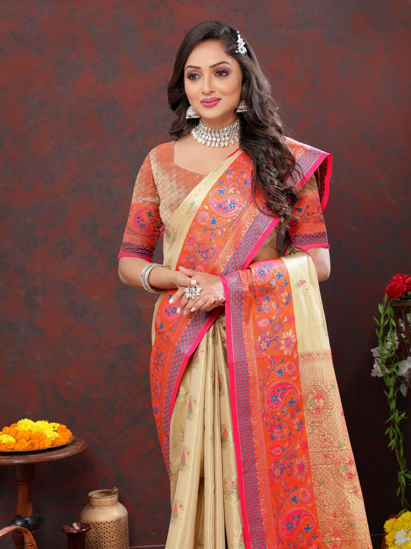 Lovely Beige Soft Banarasi Silk Saree With Delectable Blouse Piece