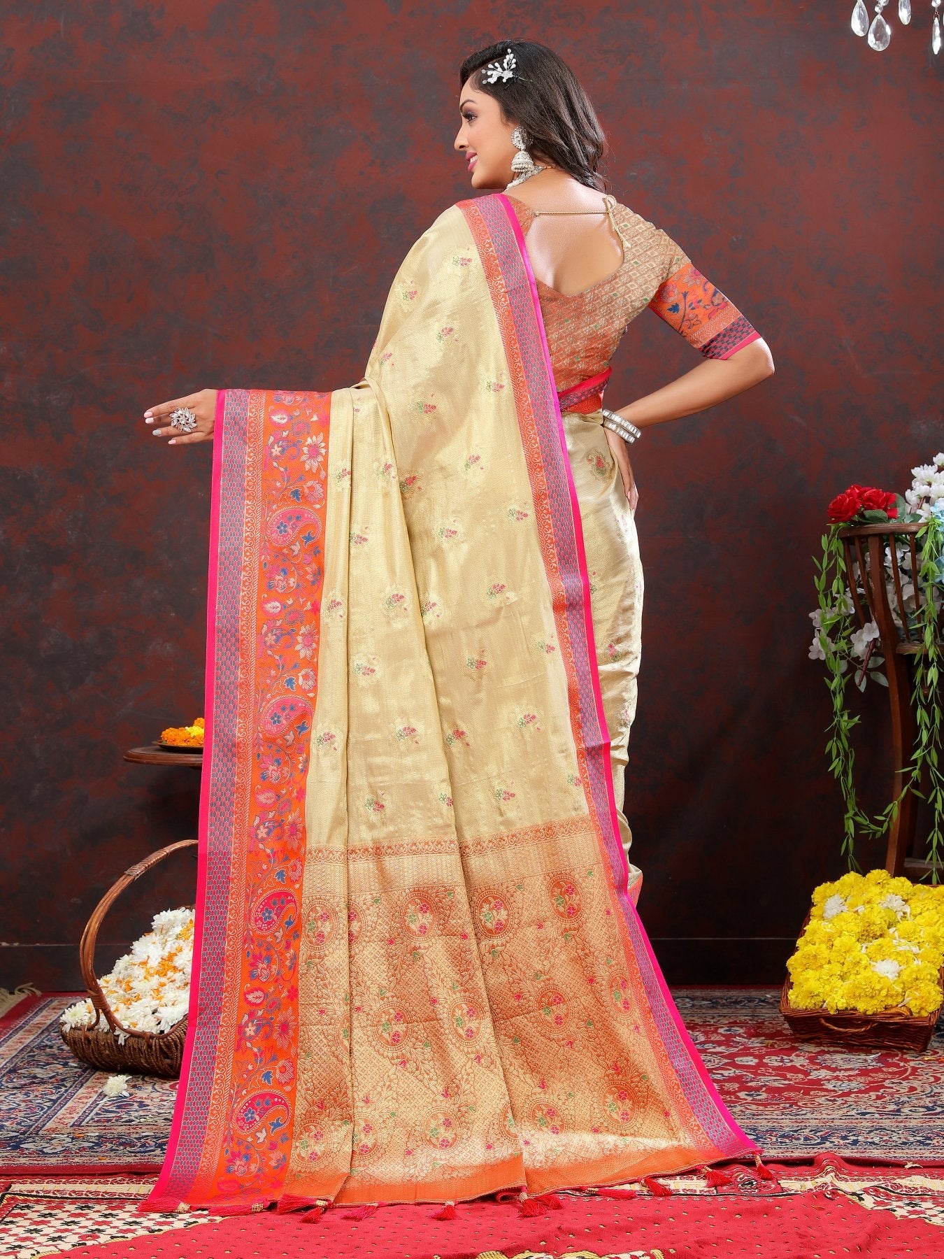 Lovely Beige Soft Banarasi Silk Saree With Delectable Blouse Piece