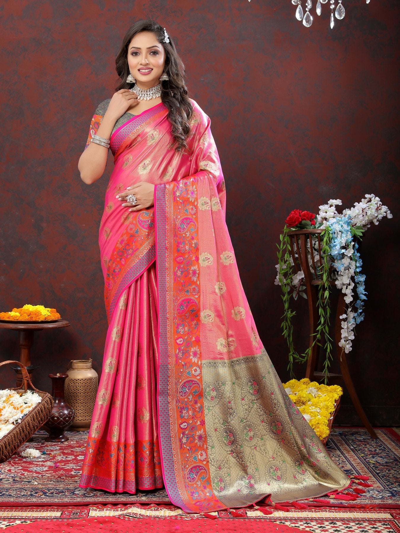 Forbearance Dark Pink Soft Banarasi Silk Saree With Twirling Blouse Piece