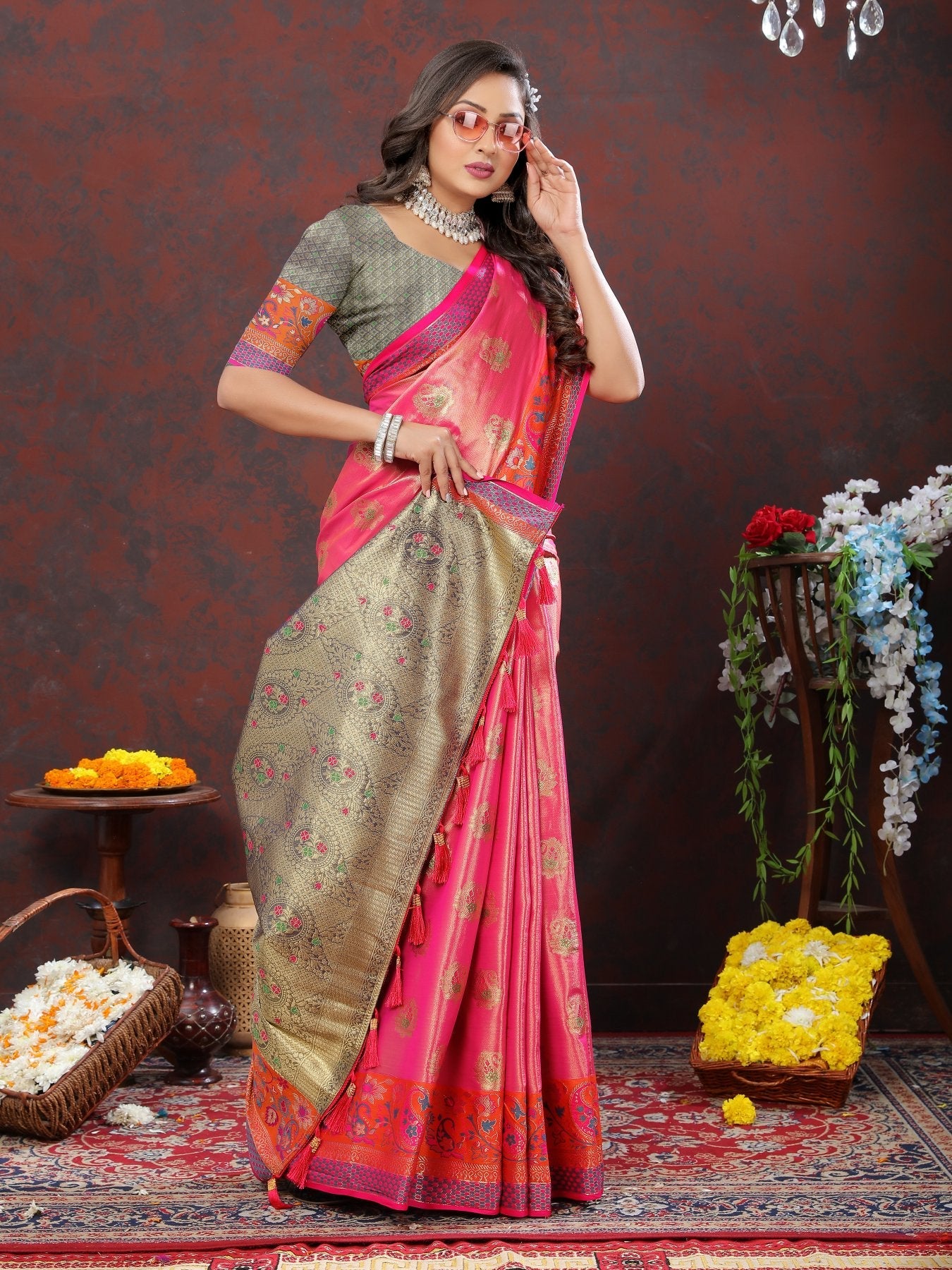 Forbearance Dark Pink Soft Banarasi Silk Saree With Twirling Blouse Piece