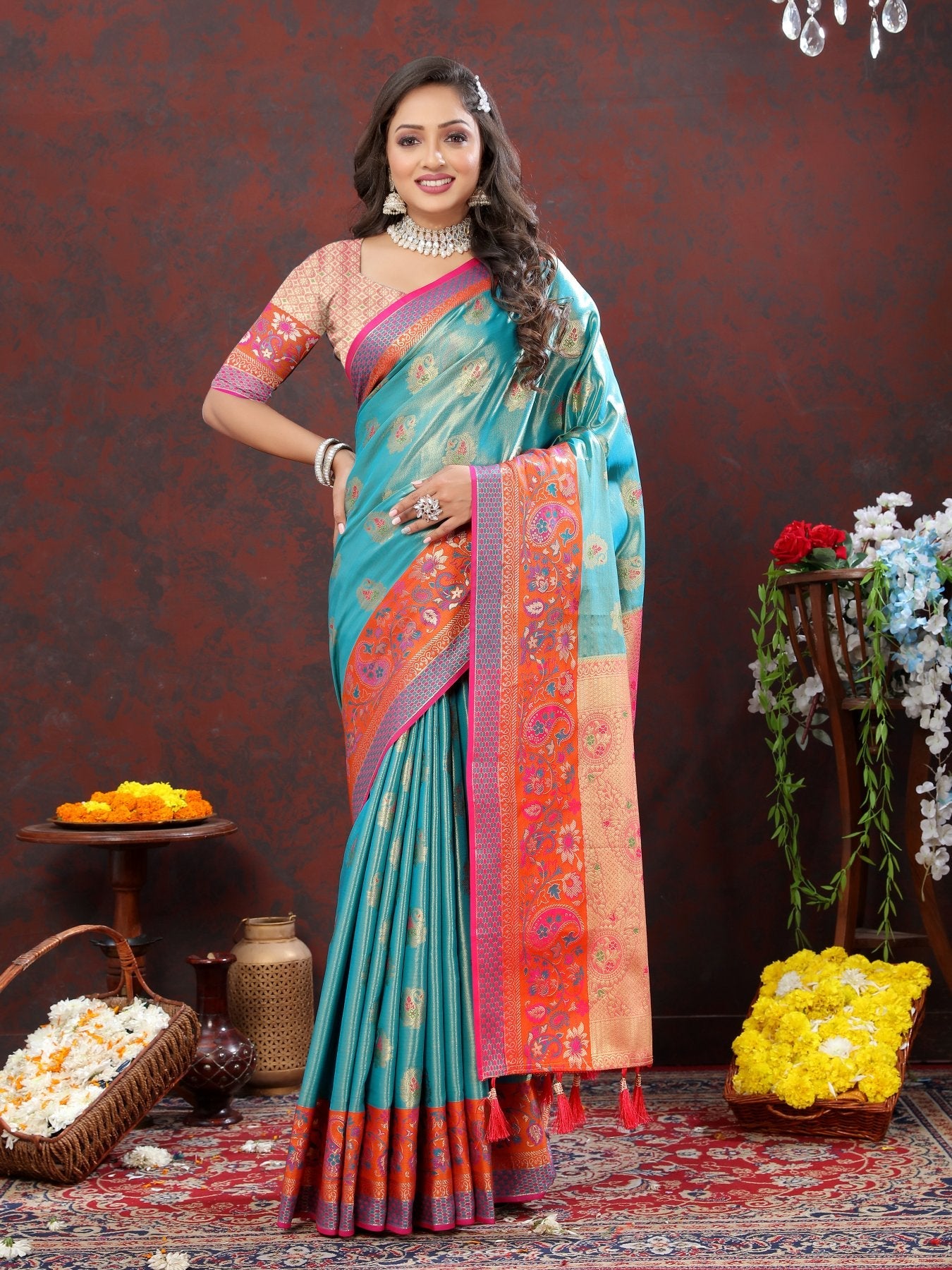 Extraordinary Firozi Soft Banarasi Silk Saree With Woebegone Blouse Piece