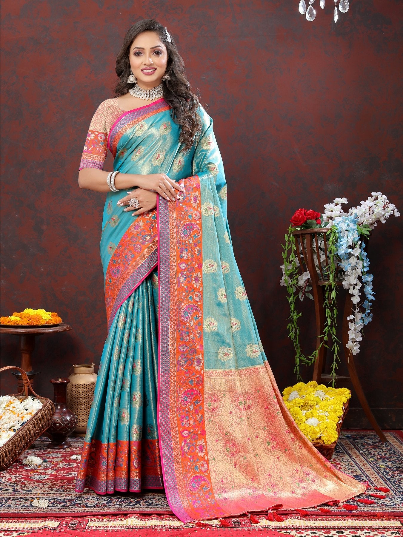 Extraordinary Firozi Soft Banarasi Silk Saree With Woebegone Blouse Piece