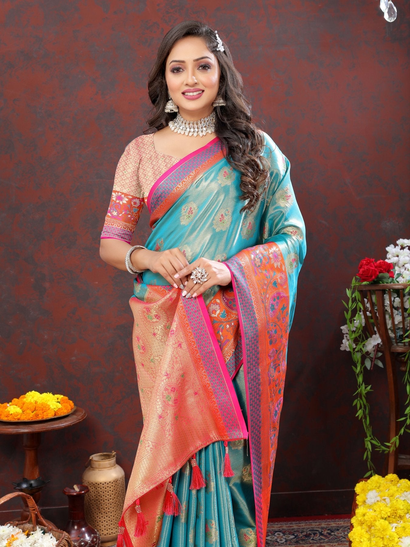 Extraordinary Firozi Soft Banarasi Silk Saree With Woebegone Blouse Piece