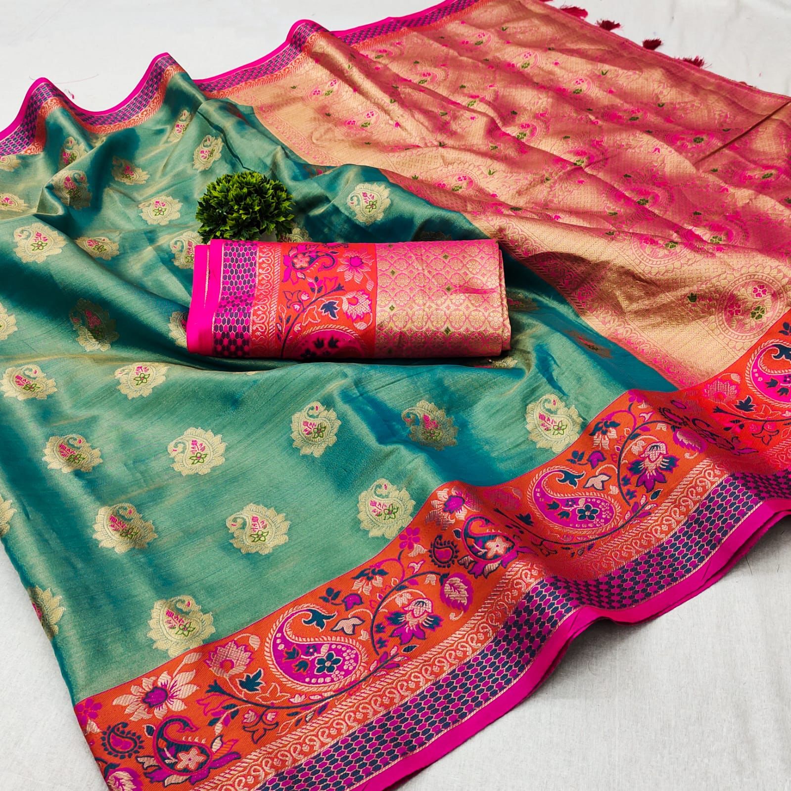 Extraordinary Firozi Soft Banarasi Silk Saree With Woebegone Blouse Piece