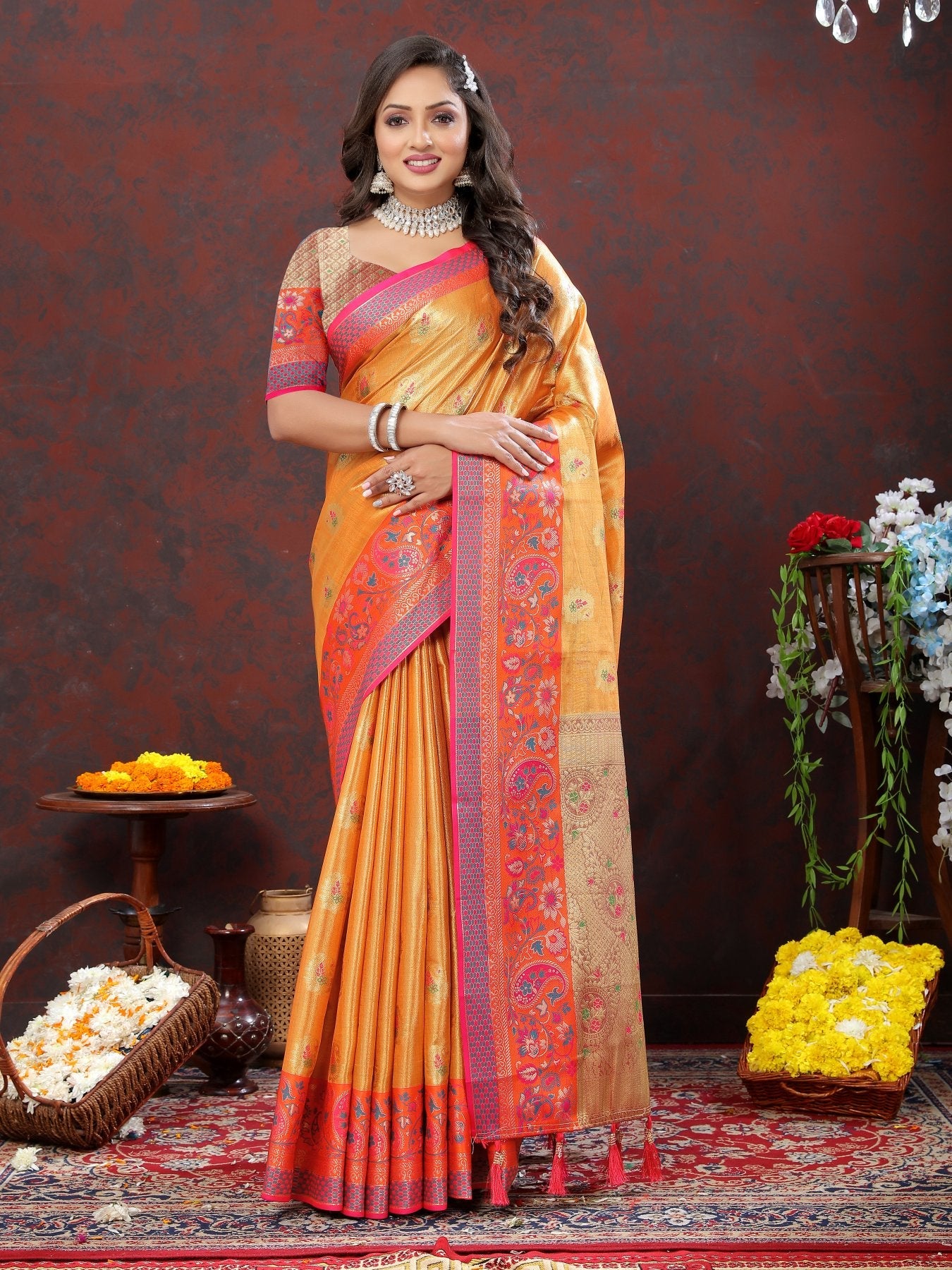 Pretty Orange Soft Banarasi Silk Saree With Surreptitious Blouse Piece