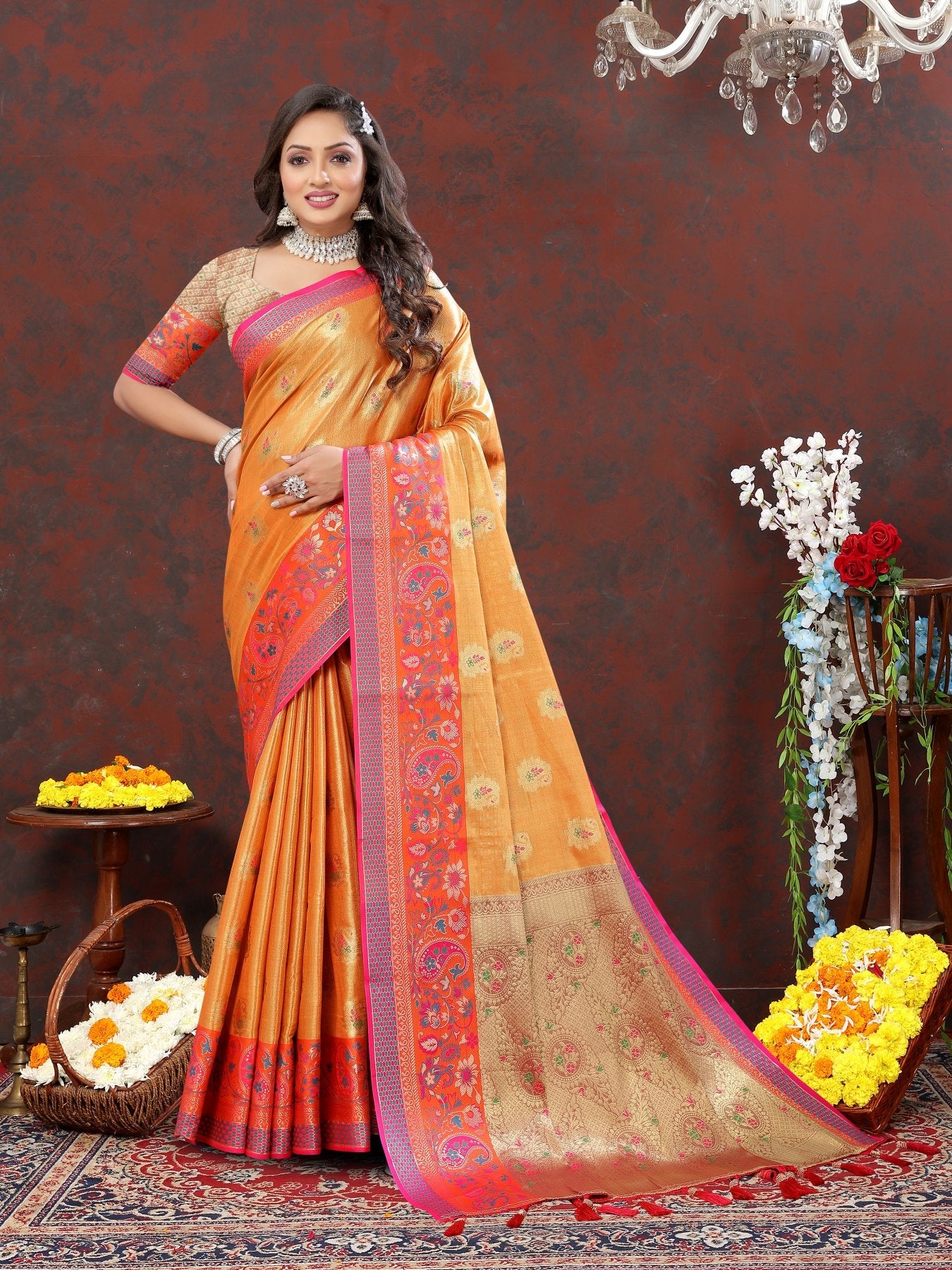 Pretty Orange Soft Banarasi Silk Saree With Surreptitious Blouse Piece