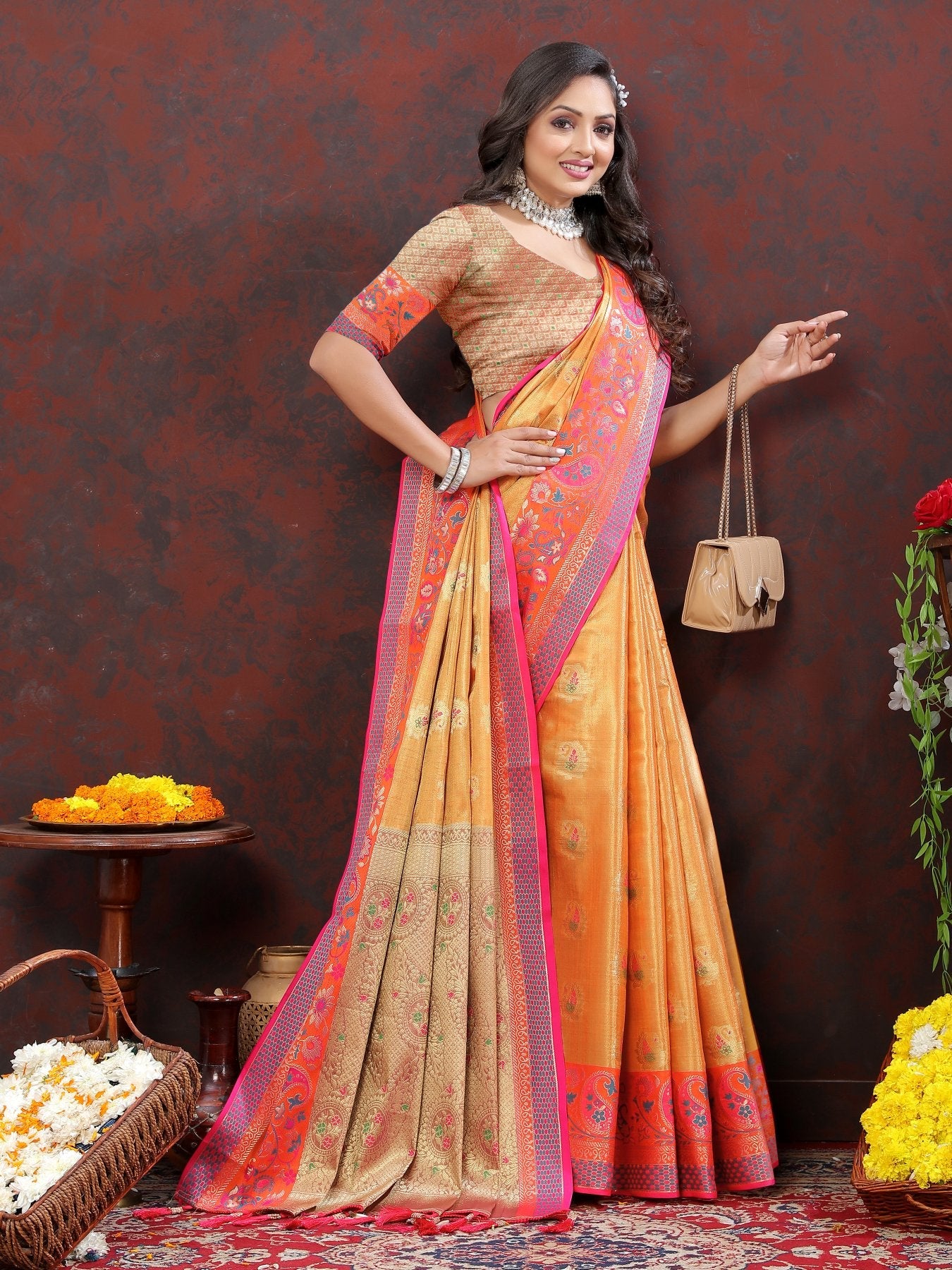 Pretty Orange Soft Banarasi Silk Saree With Surreptitious Blouse Piece