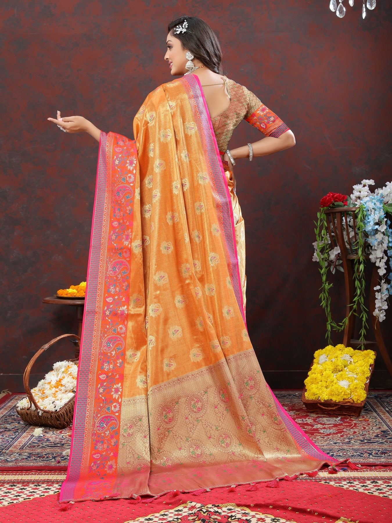 Pretty Orange Soft Banarasi Silk Saree With Surreptitious Blouse Piece