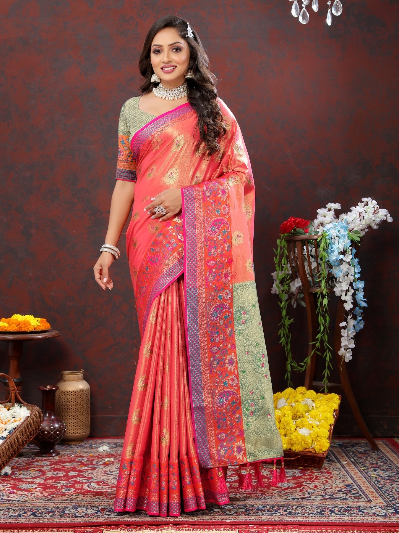 Amazing Peach Soft Banarasi Silk Saree With Sumptuous Blouse Piece