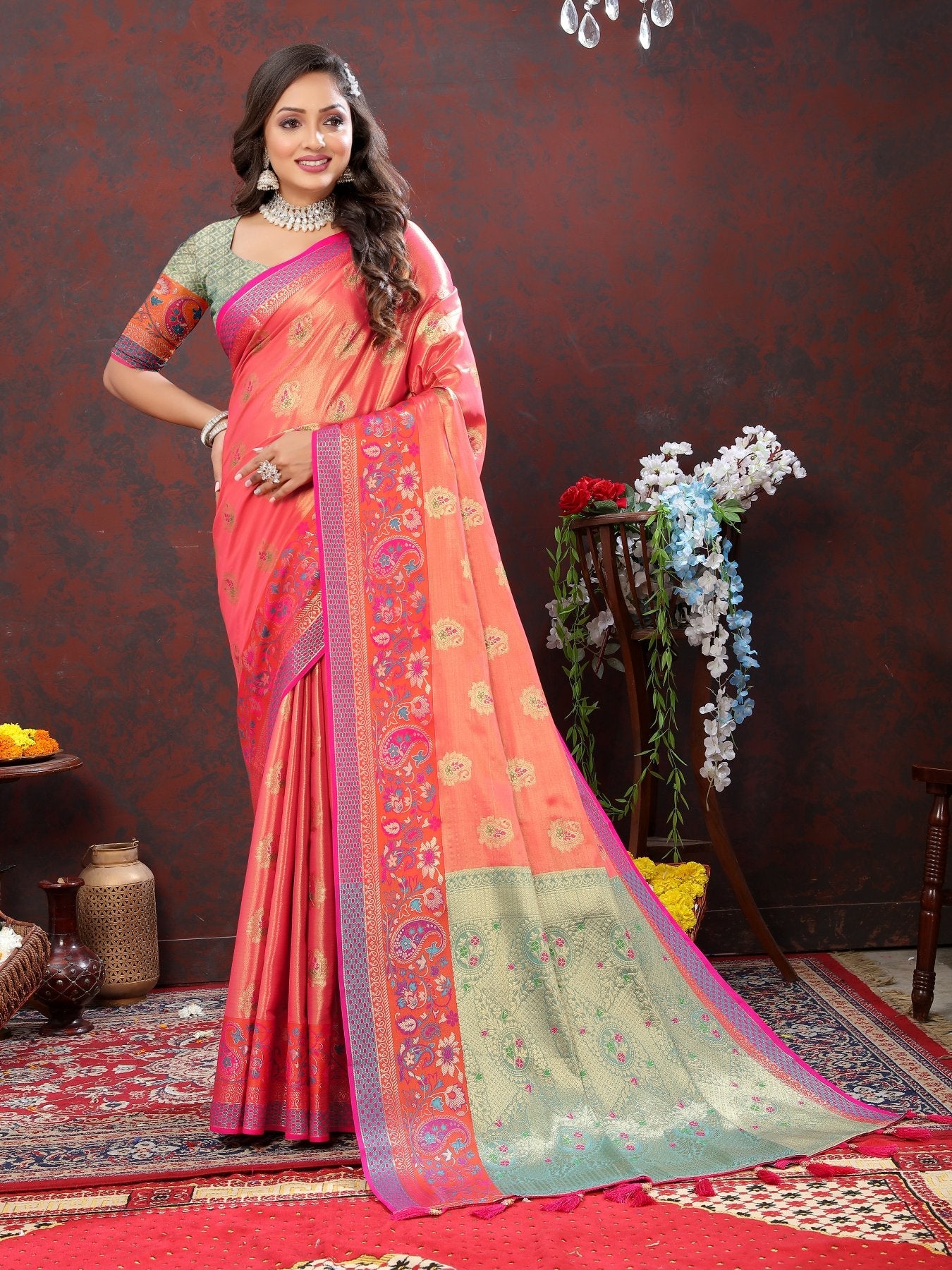 Amazing Peach Soft Banarasi Silk Saree With Sumptuous Blouse Piece