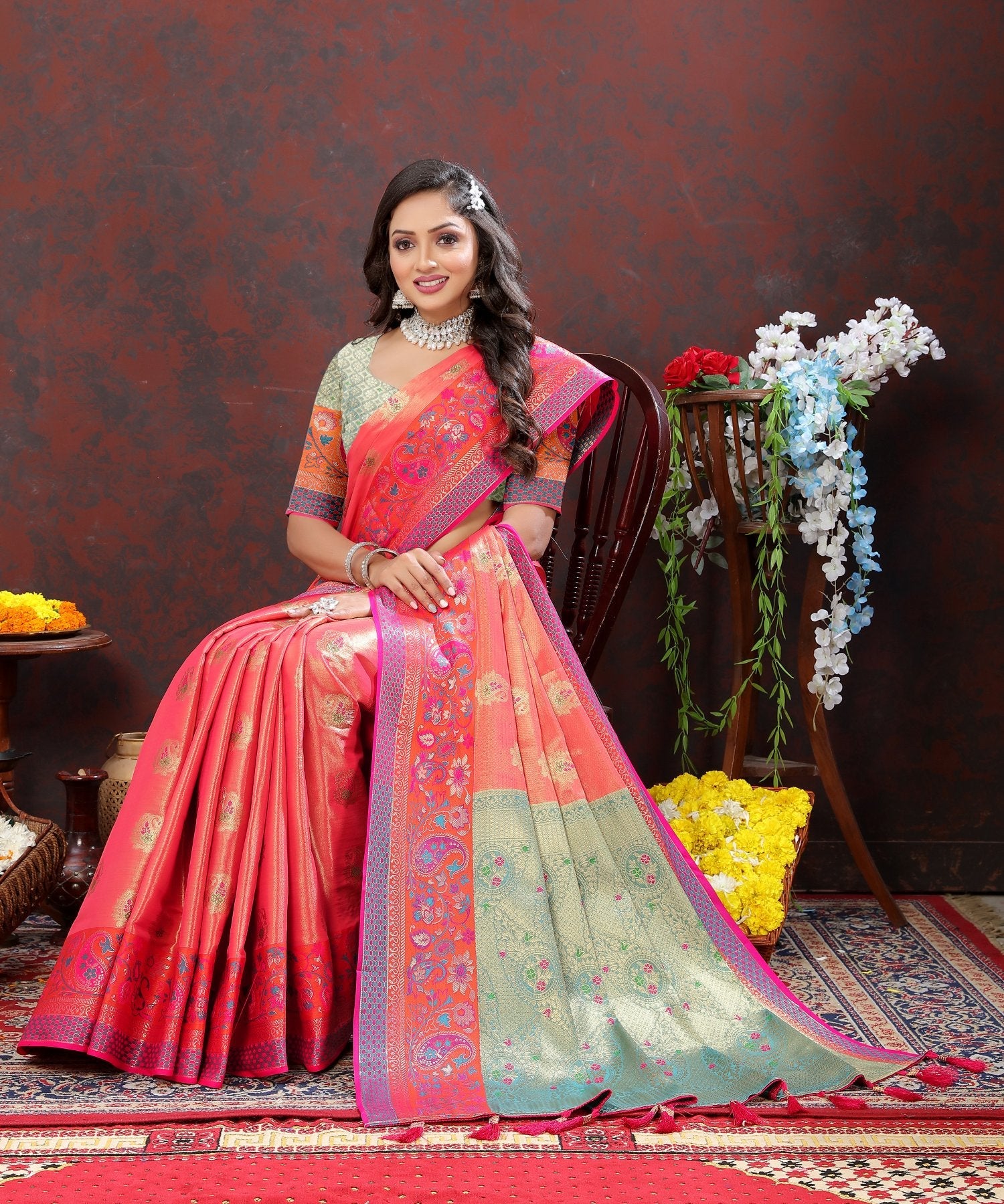 Amazing Peach Soft Banarasi Silk Saree With Sumptuous Blouse Piece