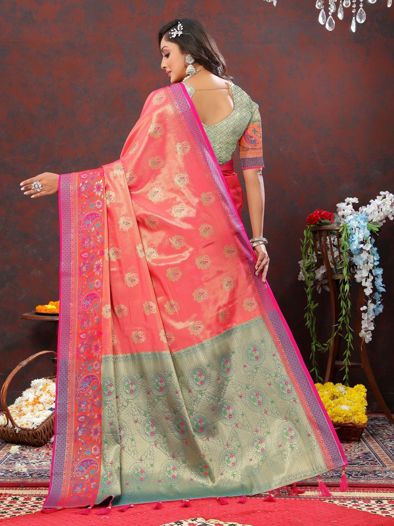 Amazing Peach Soft Banarasi Silk Saree With Sumptuous Blouse Piece