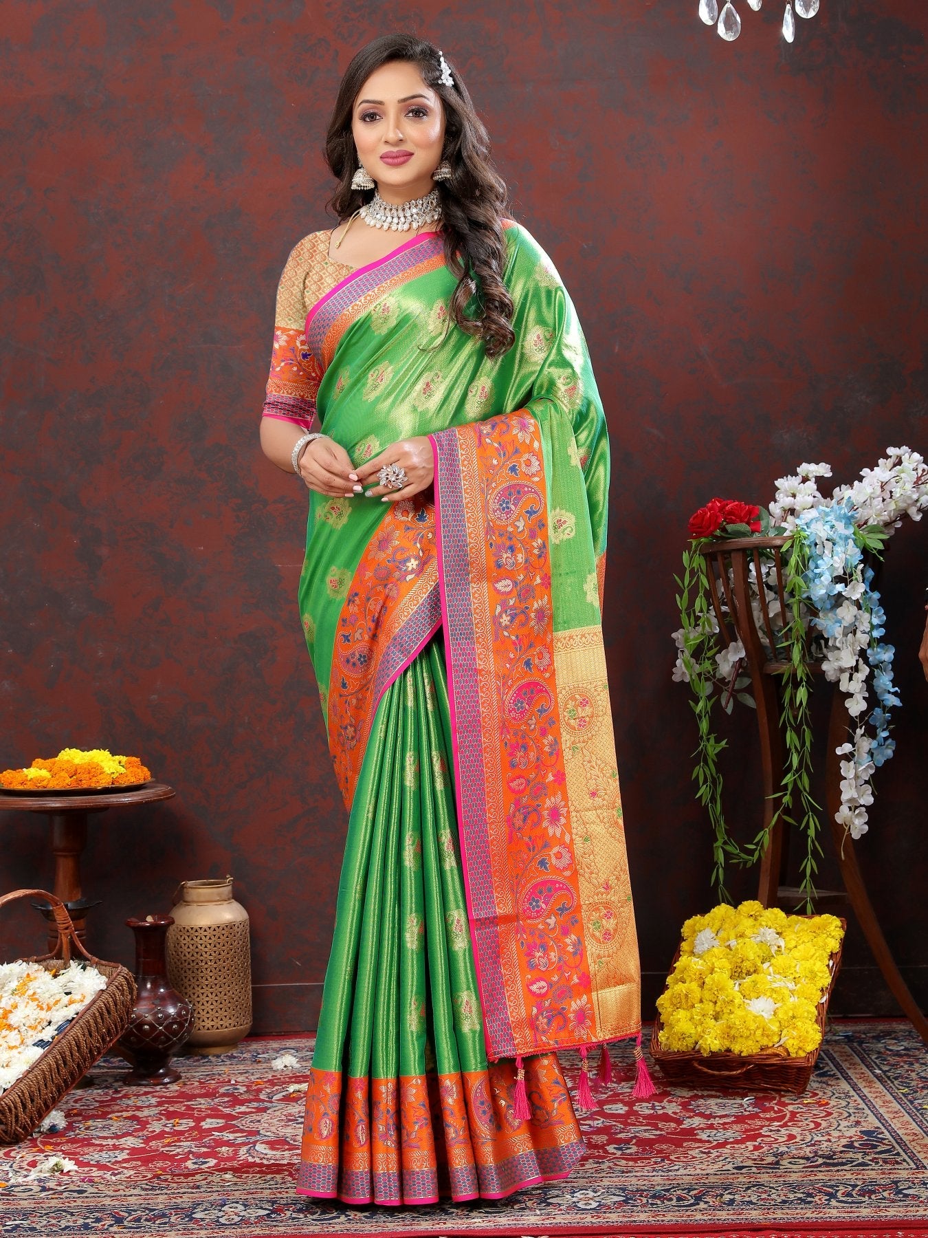 Flattering Perrot Soft Banarasi Silk Saree With Serendipity Blouse Piece