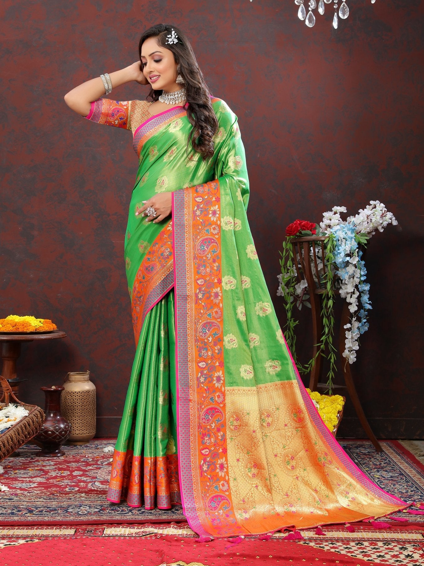 Flattering Perrot Soft Banarasi Silk Saree With Serendipity Blouse Piece