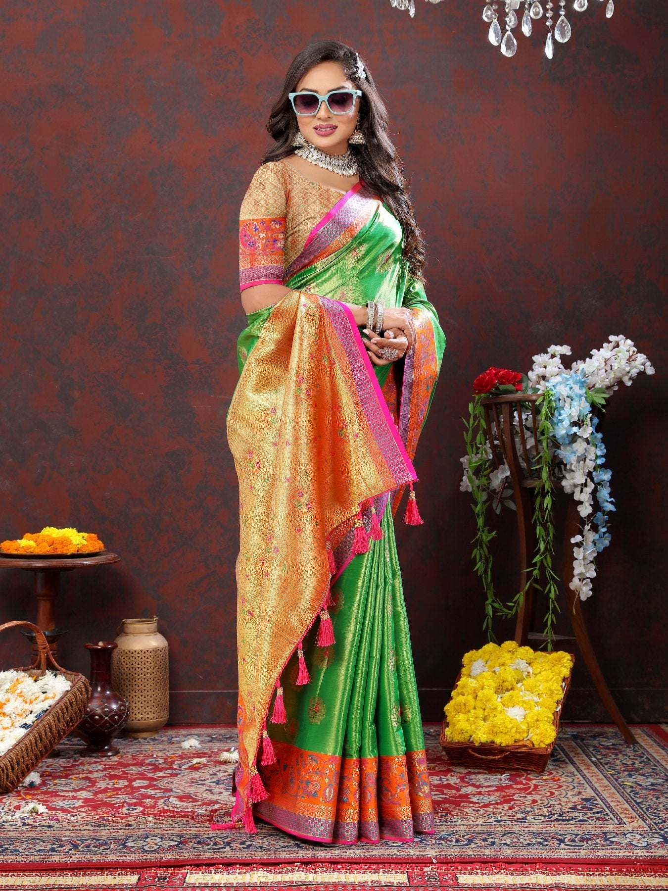 Flattering Perrot Soft Banarasi Silk Saree With Serendipity Blouse Piece