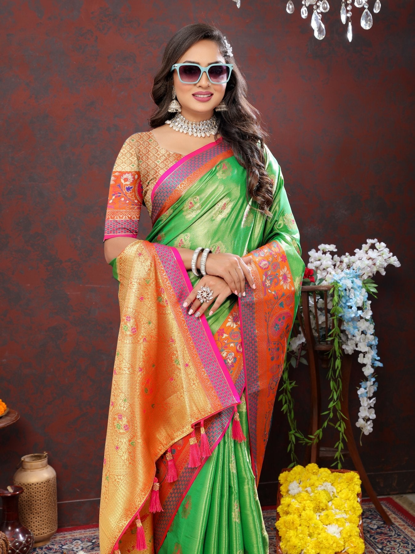 Flattering Perrot Soft Banarasi Silk Saree With Serendipity Blouse Piece