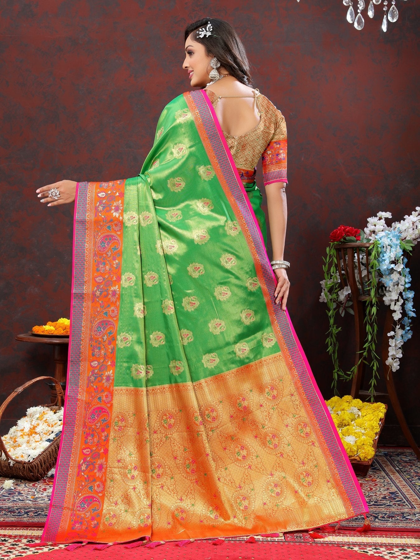 Flattering Perrot Soft Banarasi Silk Saree With Serendipity Blouse Piece