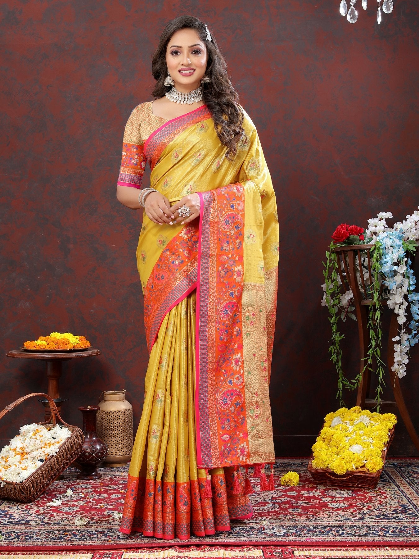 Elegant Yellow Soft Banarasi Silk Saree With Seraglio Blouse Piece