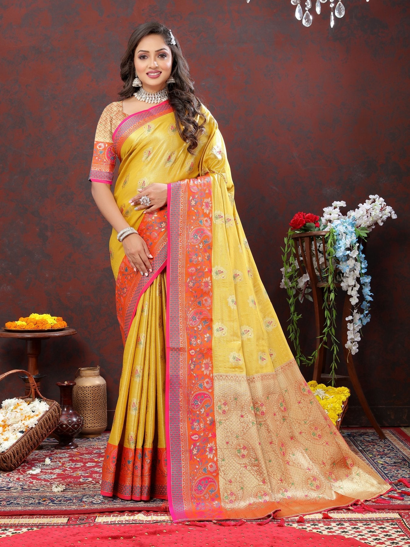 Elegant Yellow Soft Banarasi Silk Saree With Seraglio Blouse Piece