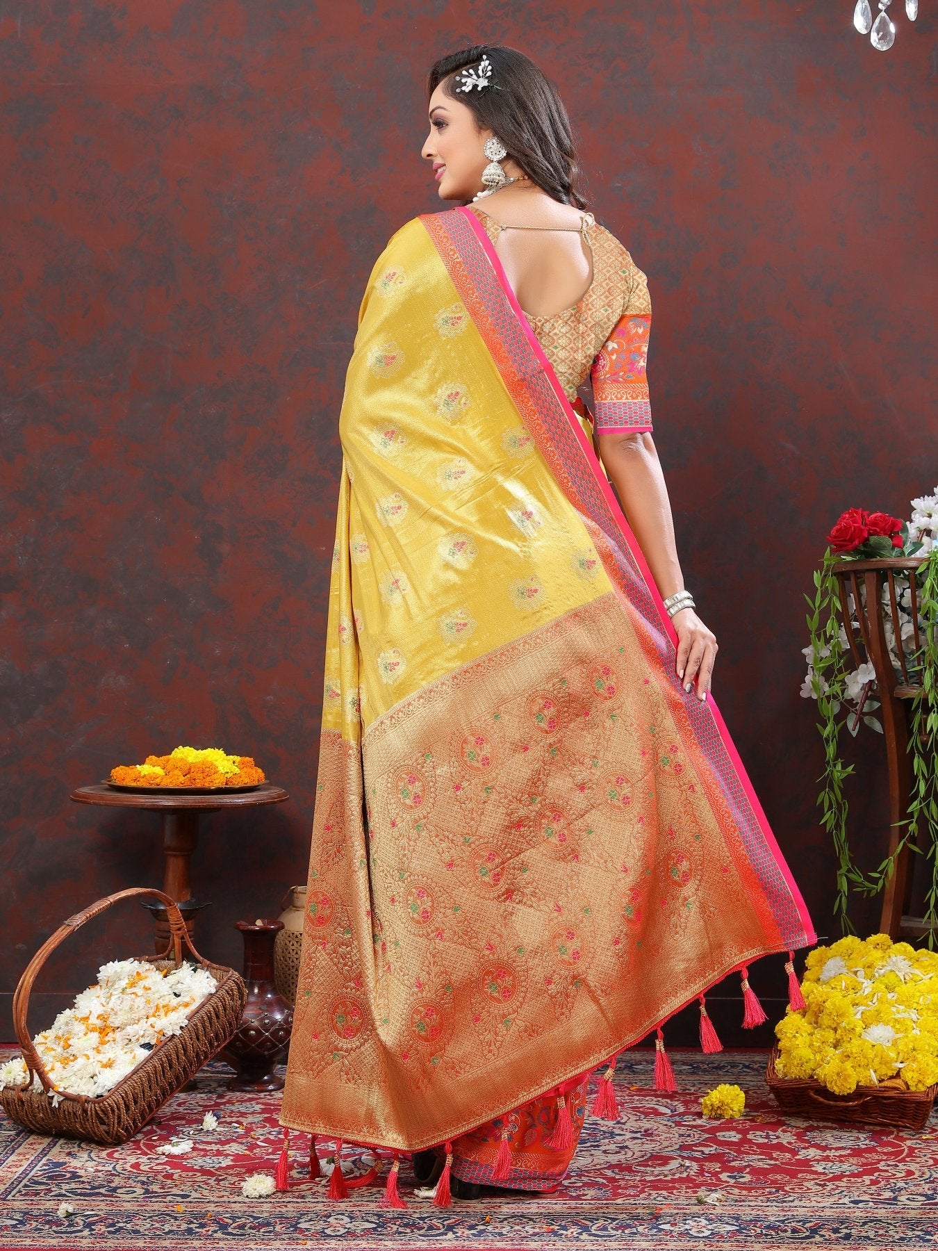 Elegant Yellow Soft Banarasi Silk Saree With Seraglio Blouse Piece