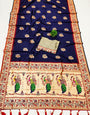 Verdant Navy Blue Paithani Silk Saree With Petrichor Blouse Piece