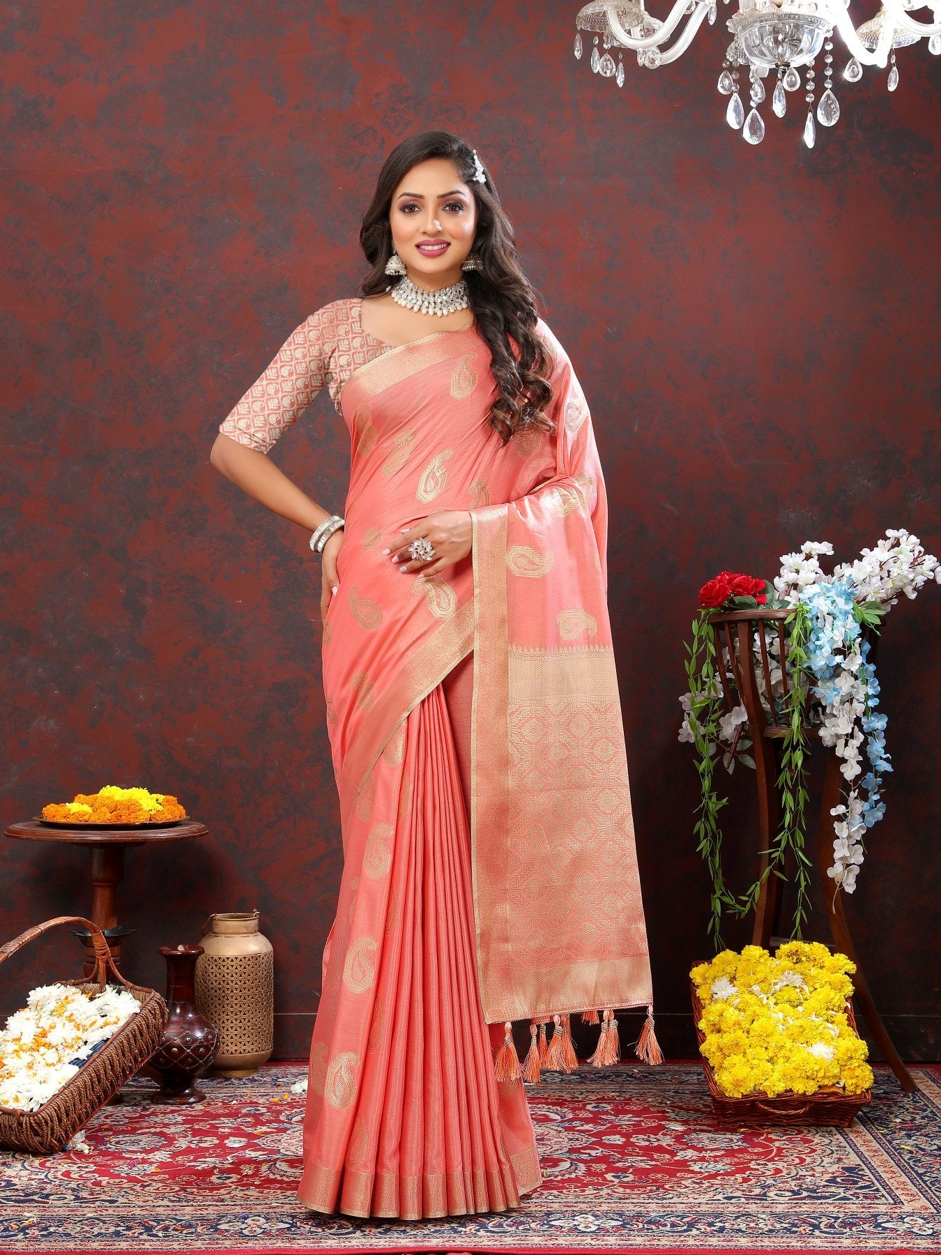 Blissful Peach Cotton Silk Saree With Gratifying Blouse Piece