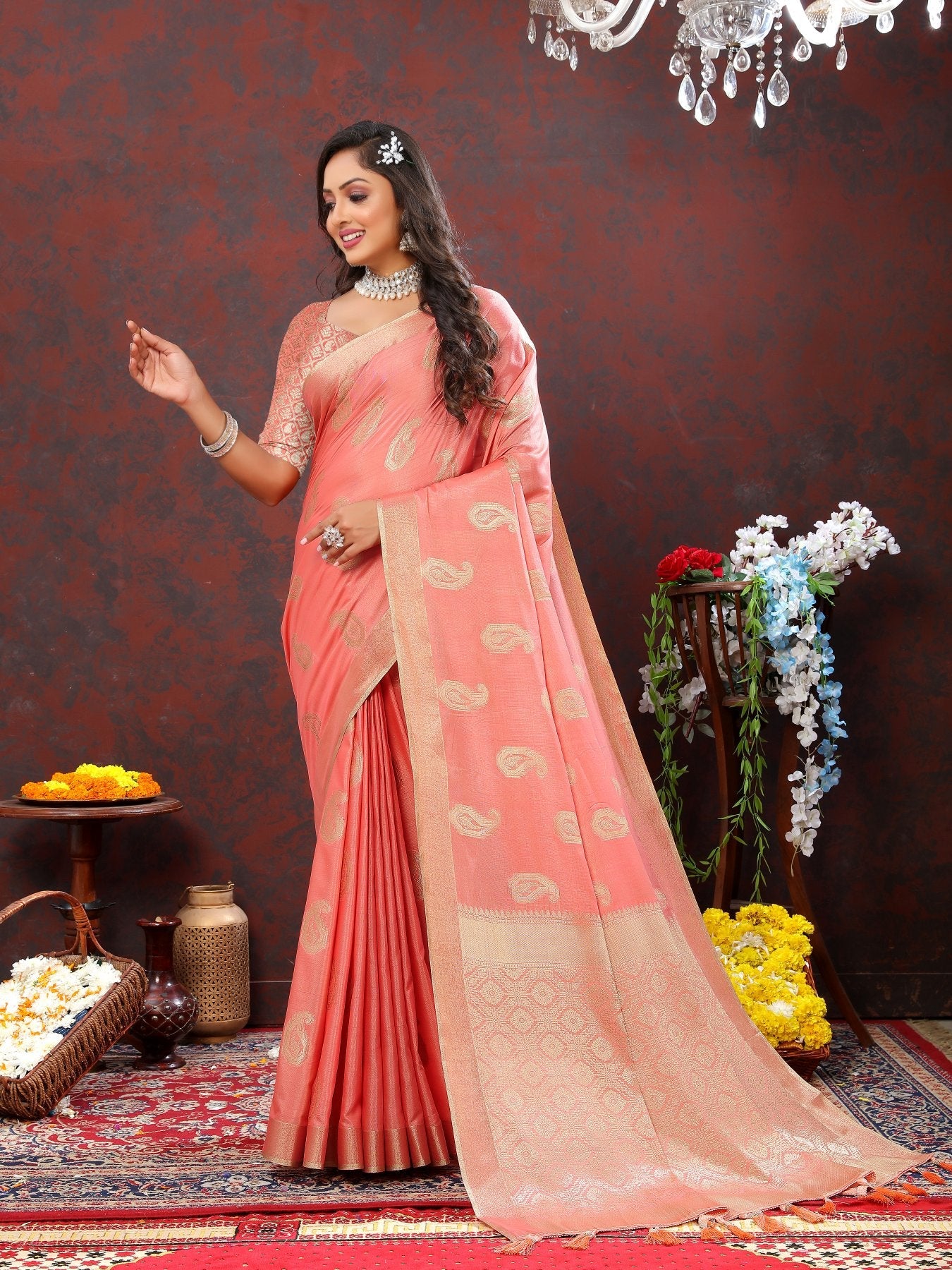 Blissful Peach Cotton Silk Saree With Gratifying Blouse Piece