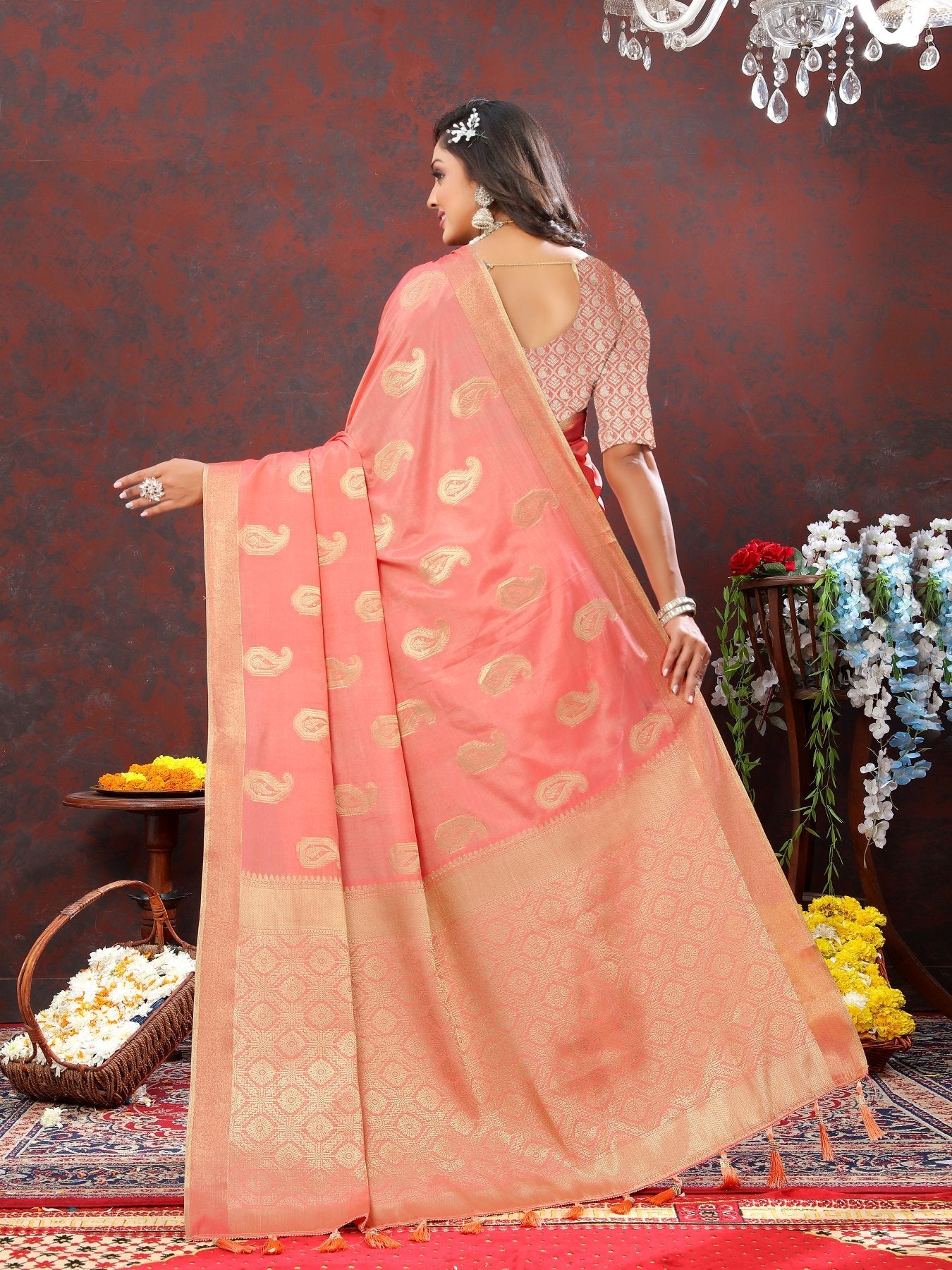 Blissful Peach Cotton Silk Saree With Gratifying Blouse Piece