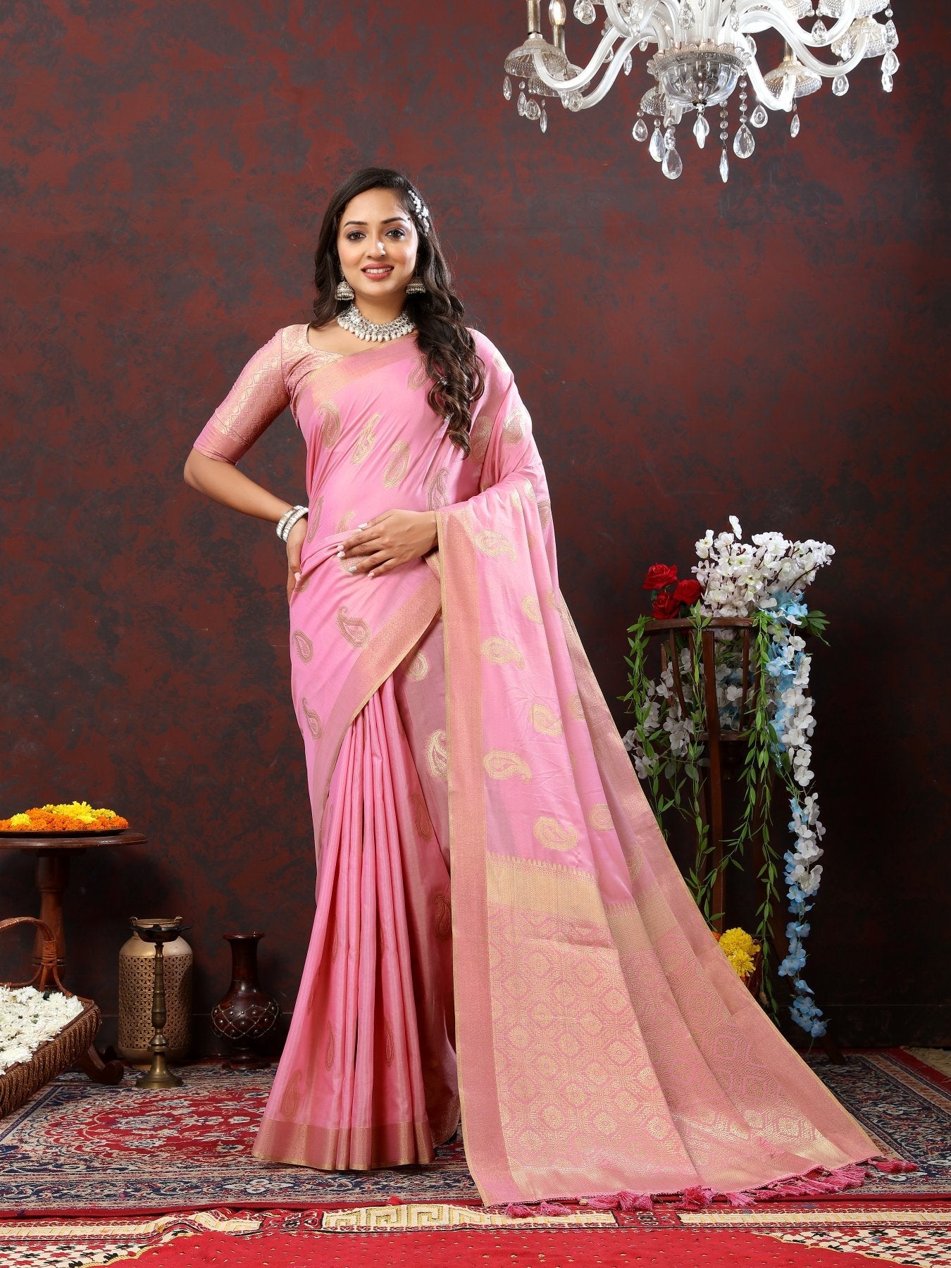 Prominent Pink Cotton Silk Saree With Smashing Blouse Piece