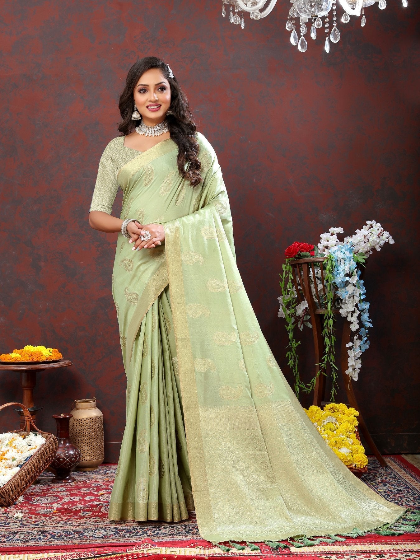 Majesty Pista Cotton Silk Saree With Engaging Blouse Piece