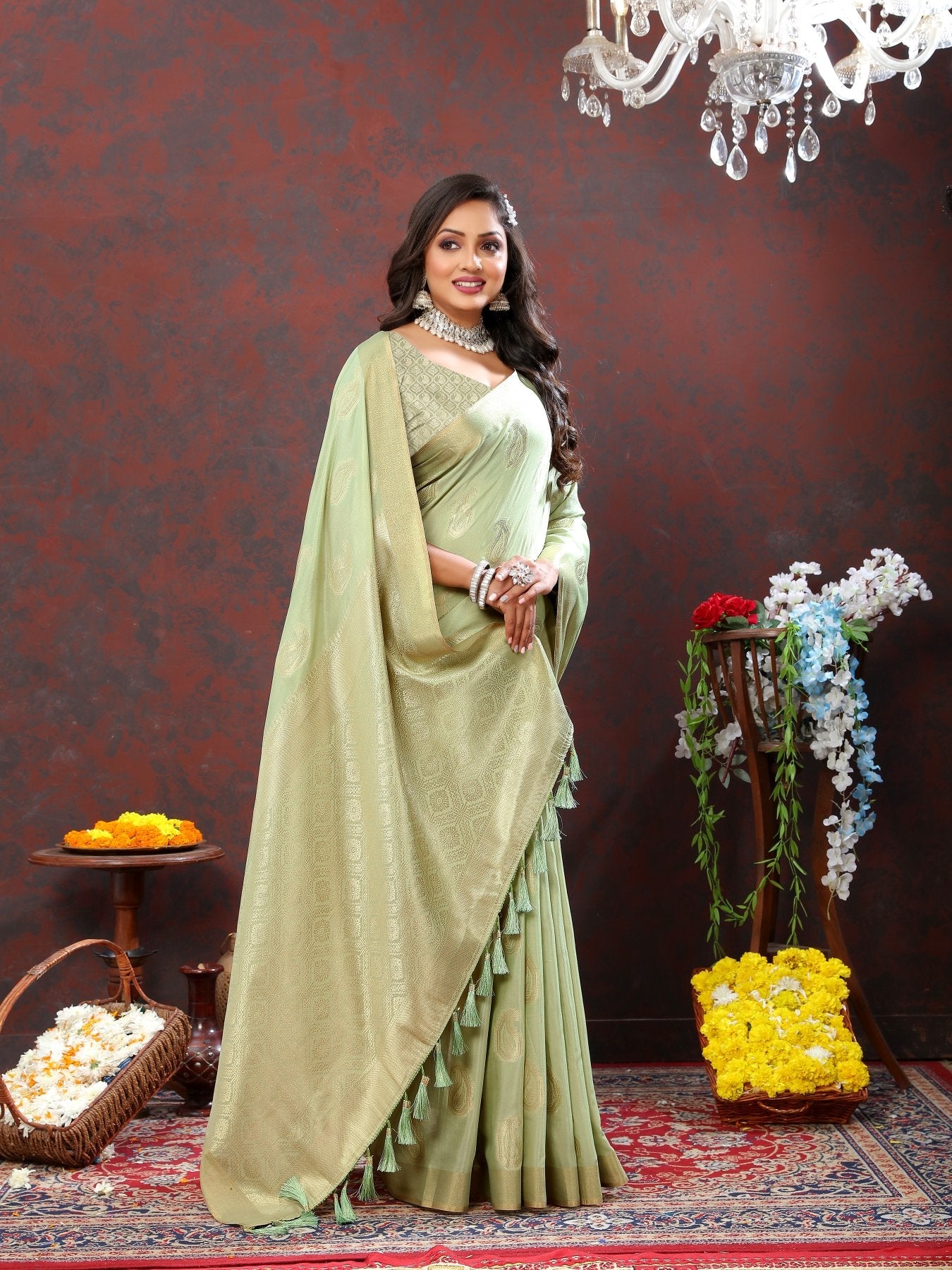 Majesty Pista Cotton Silk Saree With Engaging Blouse Piece