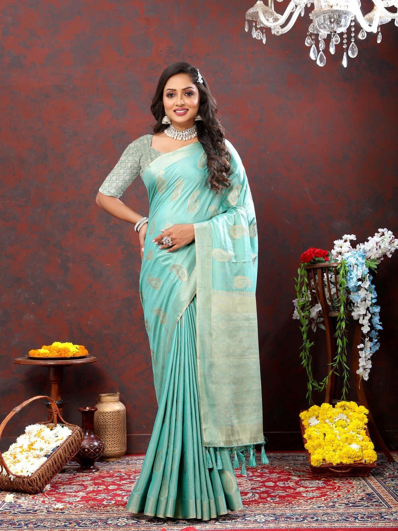 Nebula Sea Green Cotton Silk Saree With Mellifluous Blouse Piece