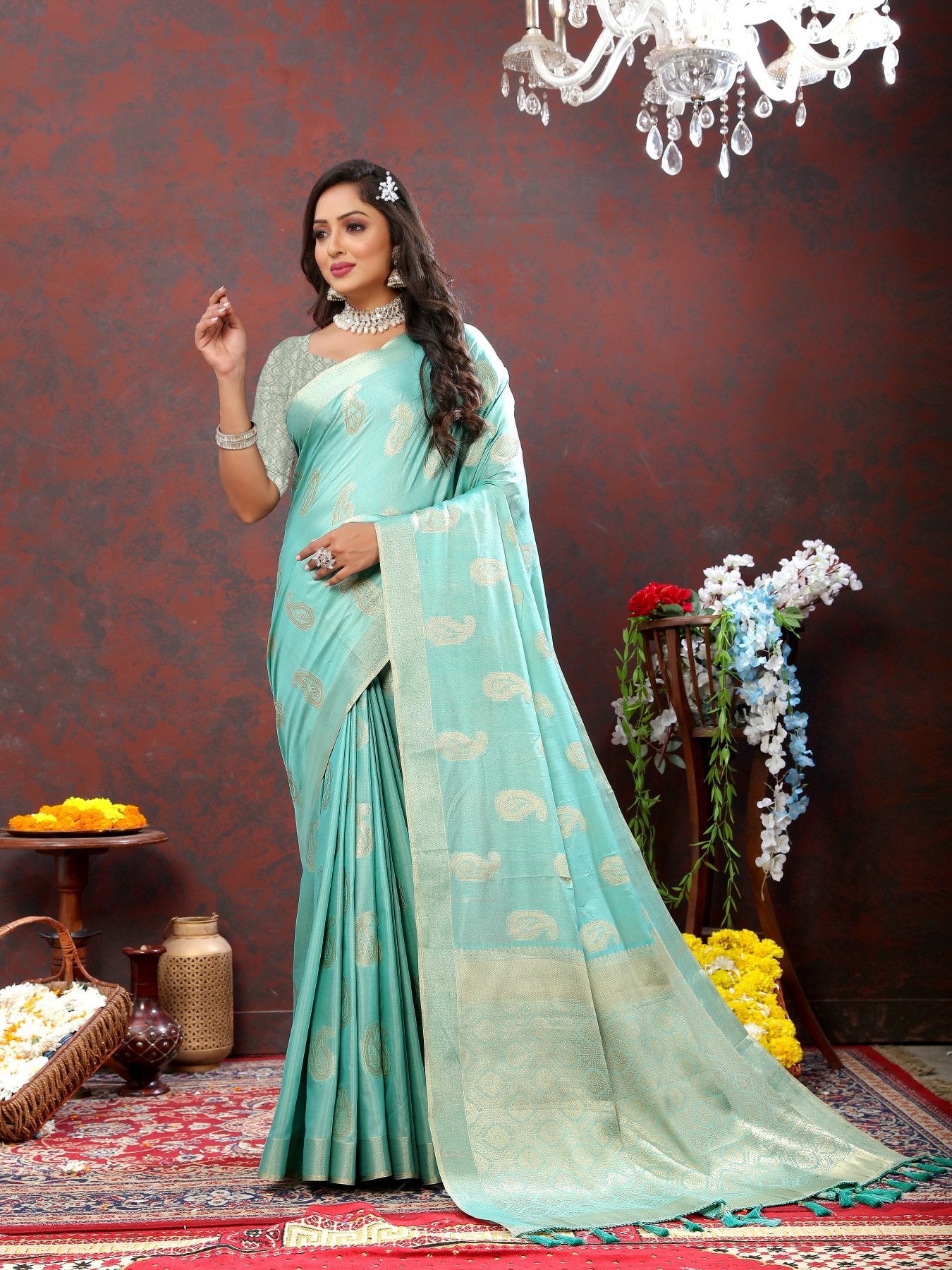 Nebula Sea Green Cotton Silk Saree With Mellifluous Blouse Piece