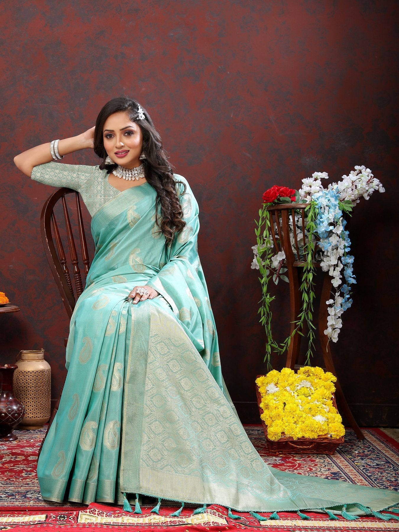 Nebula Sea Green Cotton Silk Saree With Mellifluous Blouse Piece