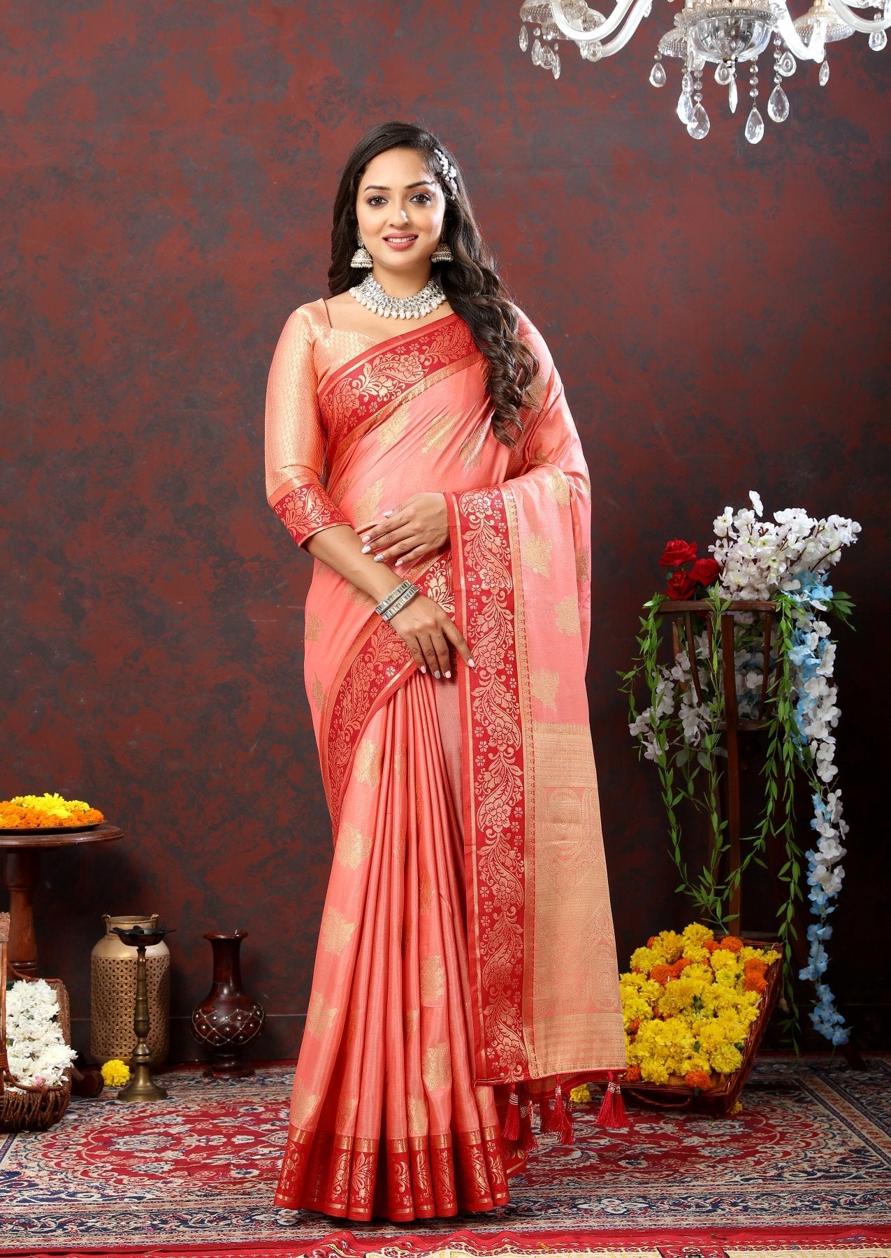 Opulent Peach Cotton Silk Saree With Staggering Blouse Piece