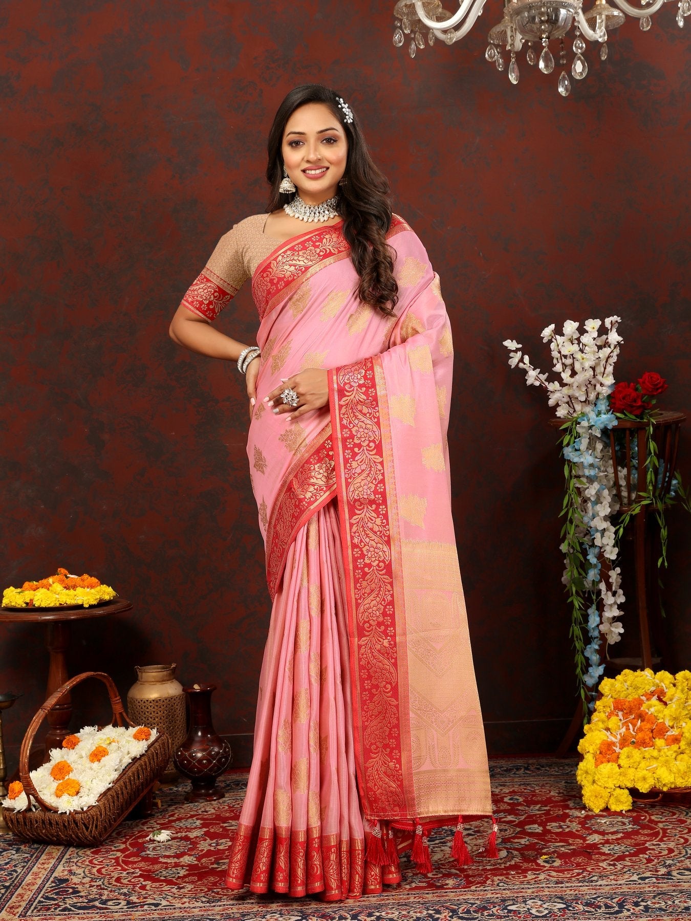 Radiant Pink Cotton Silk Saree With Denouement Blouse Piece