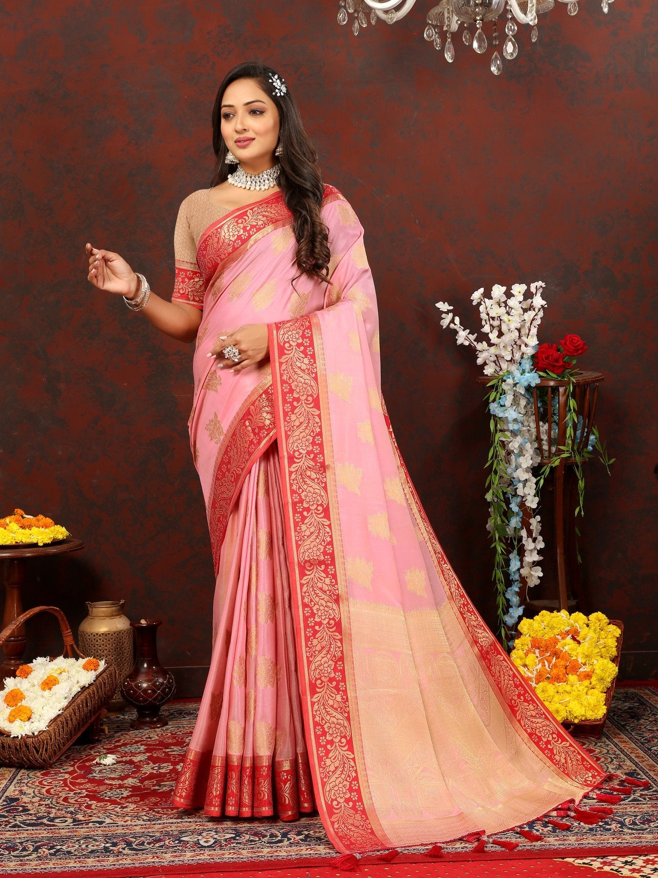 Radiant Pink Cotton Silk Saree With Denouement Blouse Piece