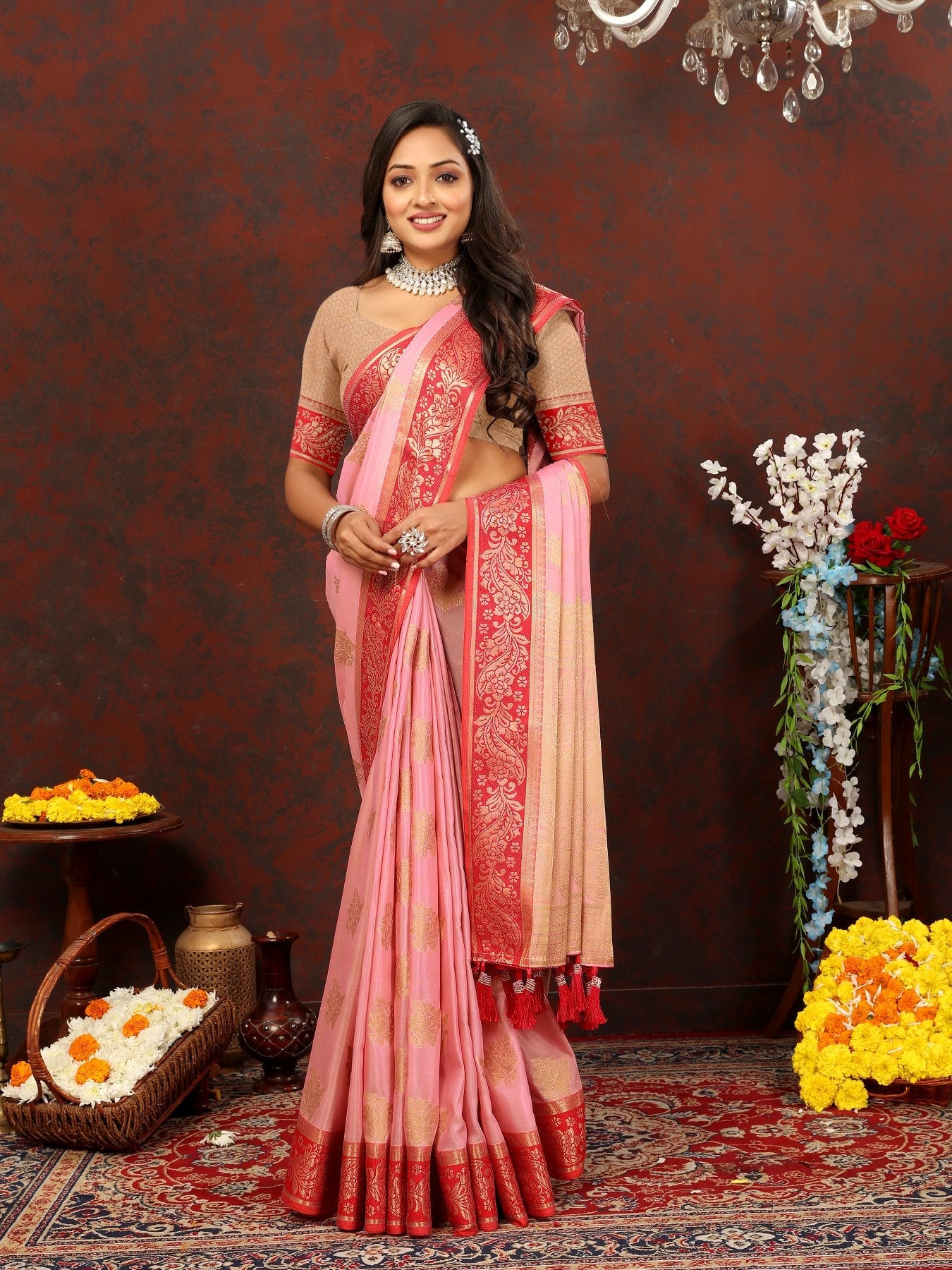 Radiant Pink Cotton Silk Saree With Denouement Blouse Piece