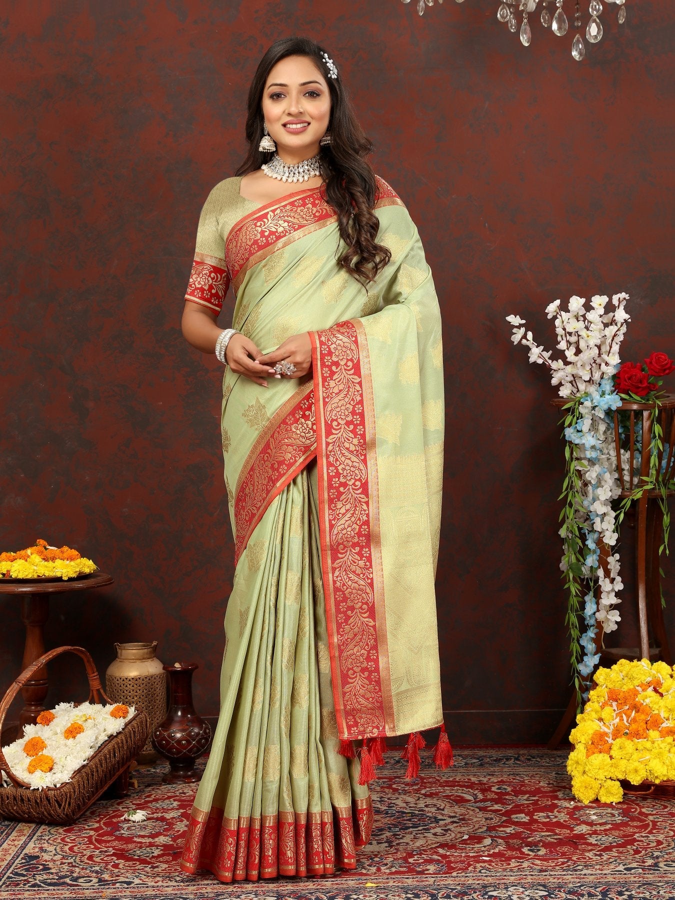 Ravishing Pista Cotton Silk Saree With Magnetic Blouse Piece