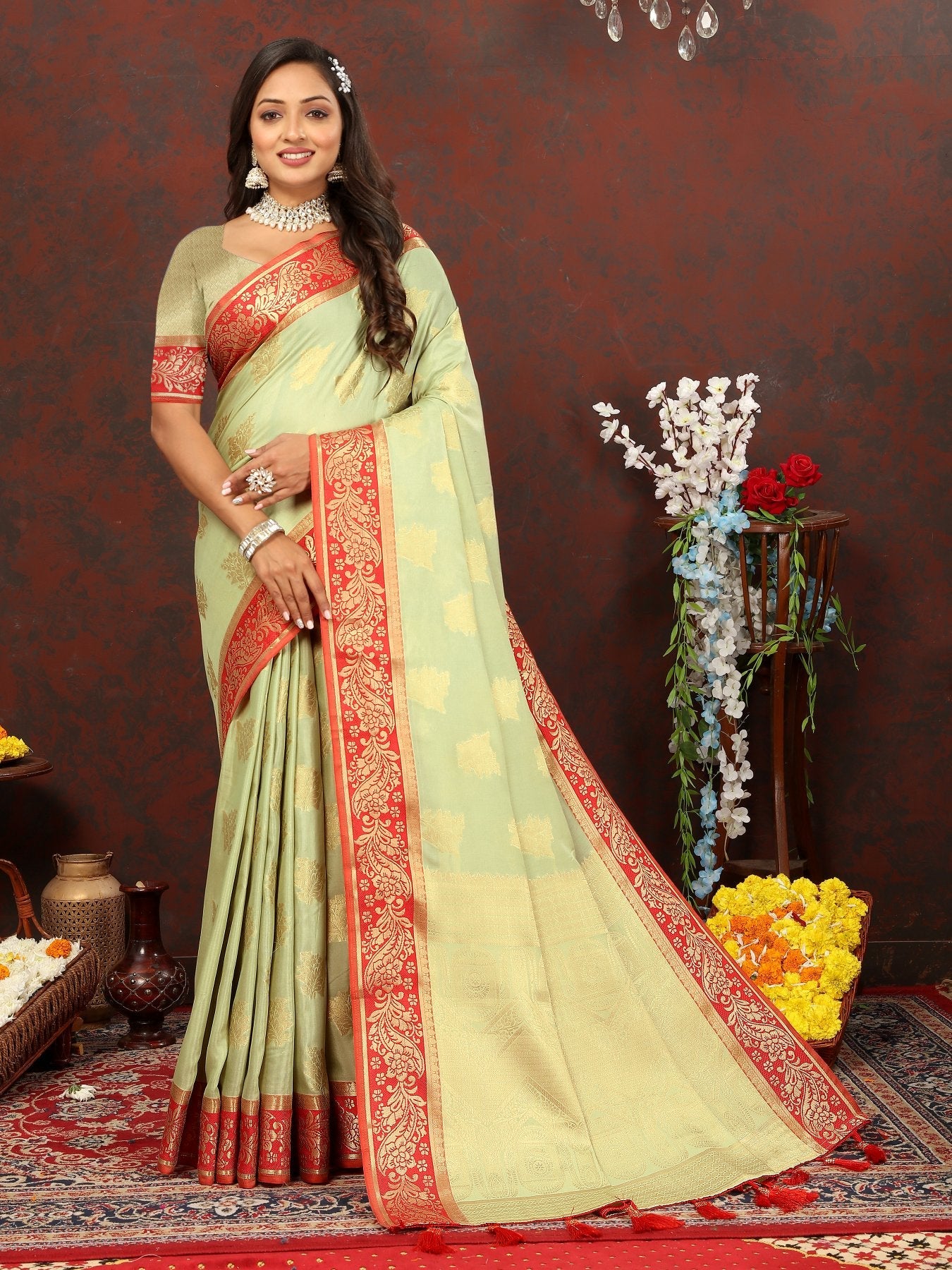 Ravishing Pista Cotton Silk Saree With Magnetic Blouse Piece