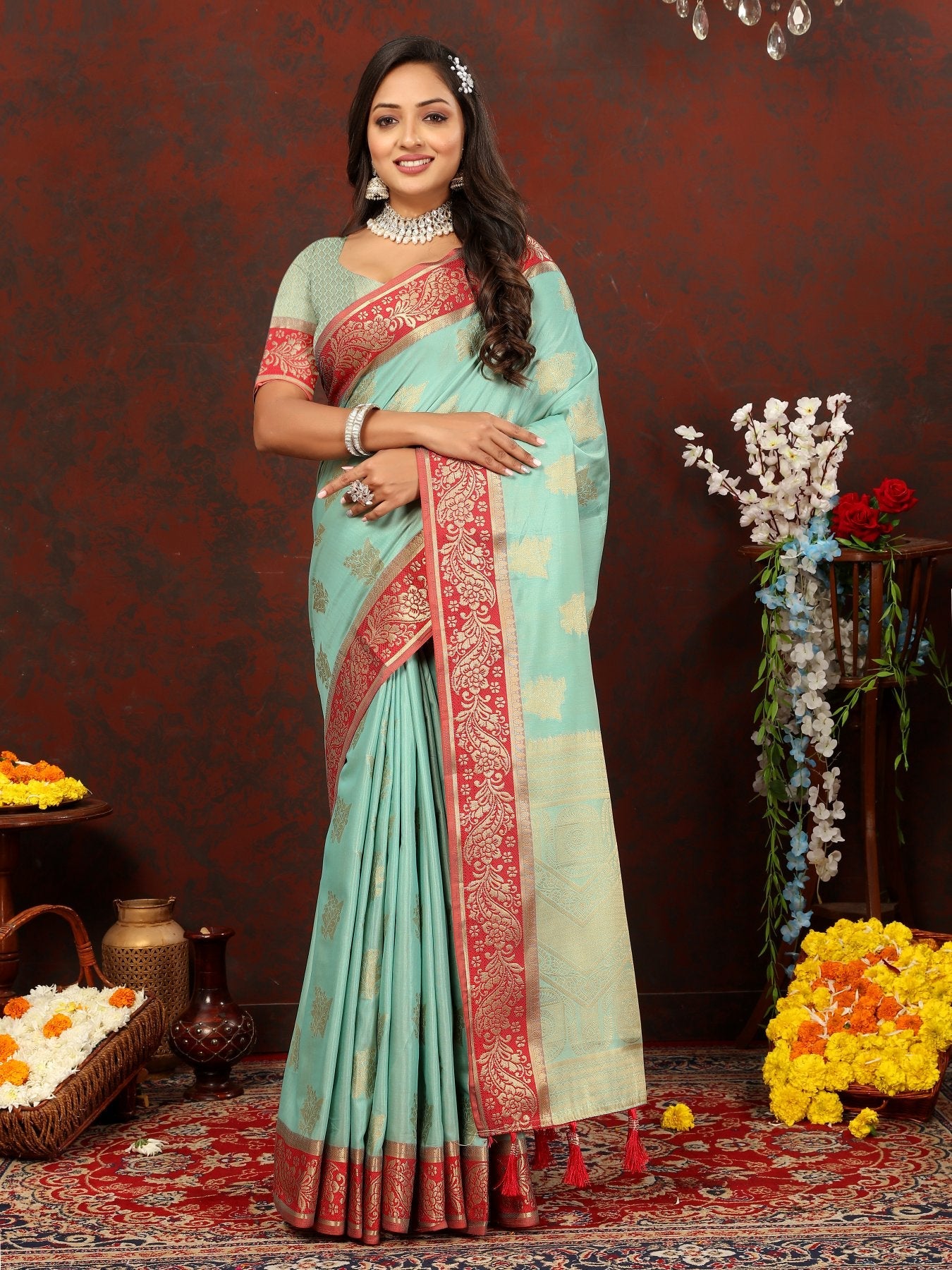 Mellifluous Sea Green Cotton Silk Saree With Lissome Blouse Piece