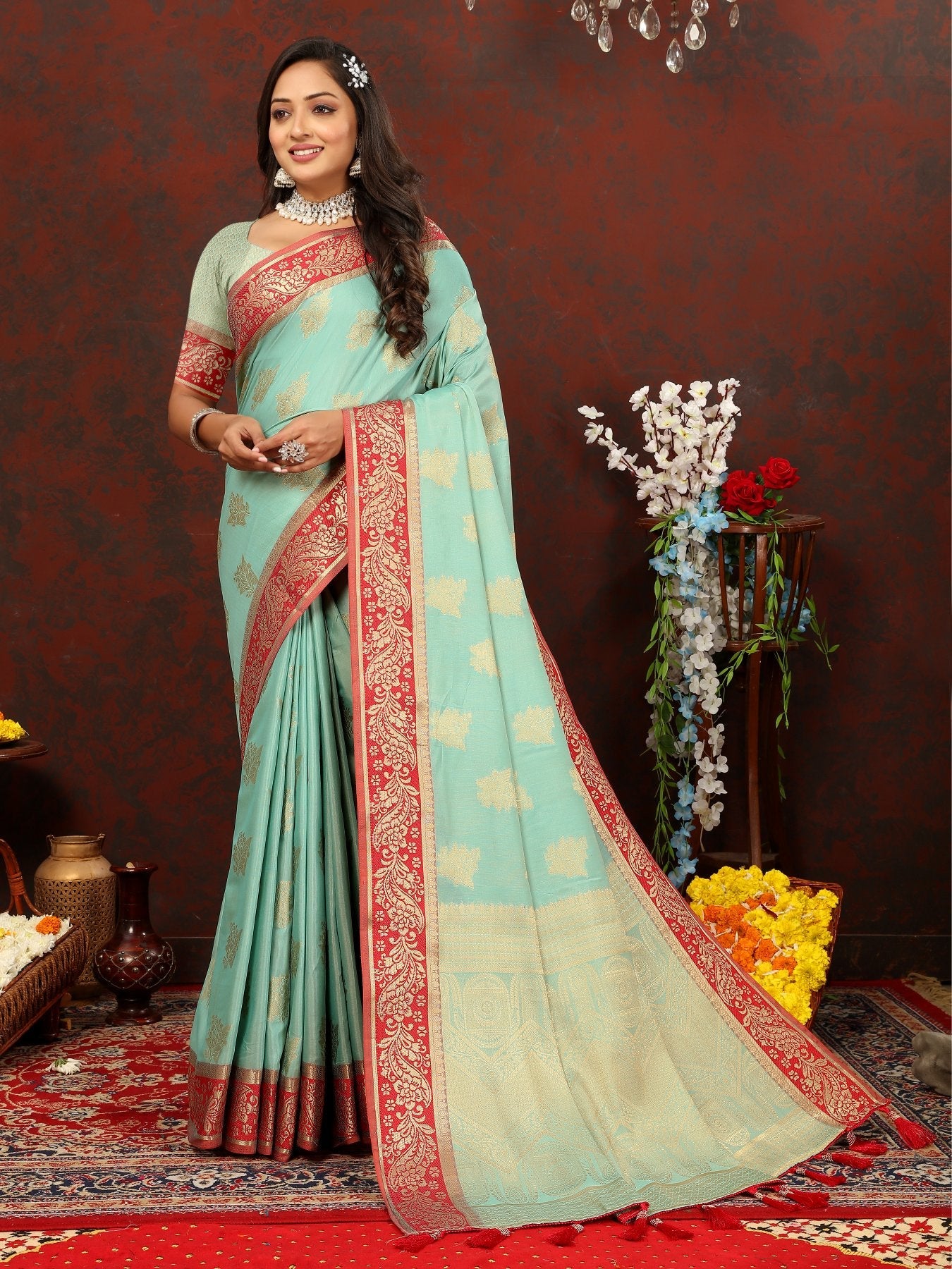 Mellifluous Sea Green Cotton Silk Saree With Lissome Blouse Piece