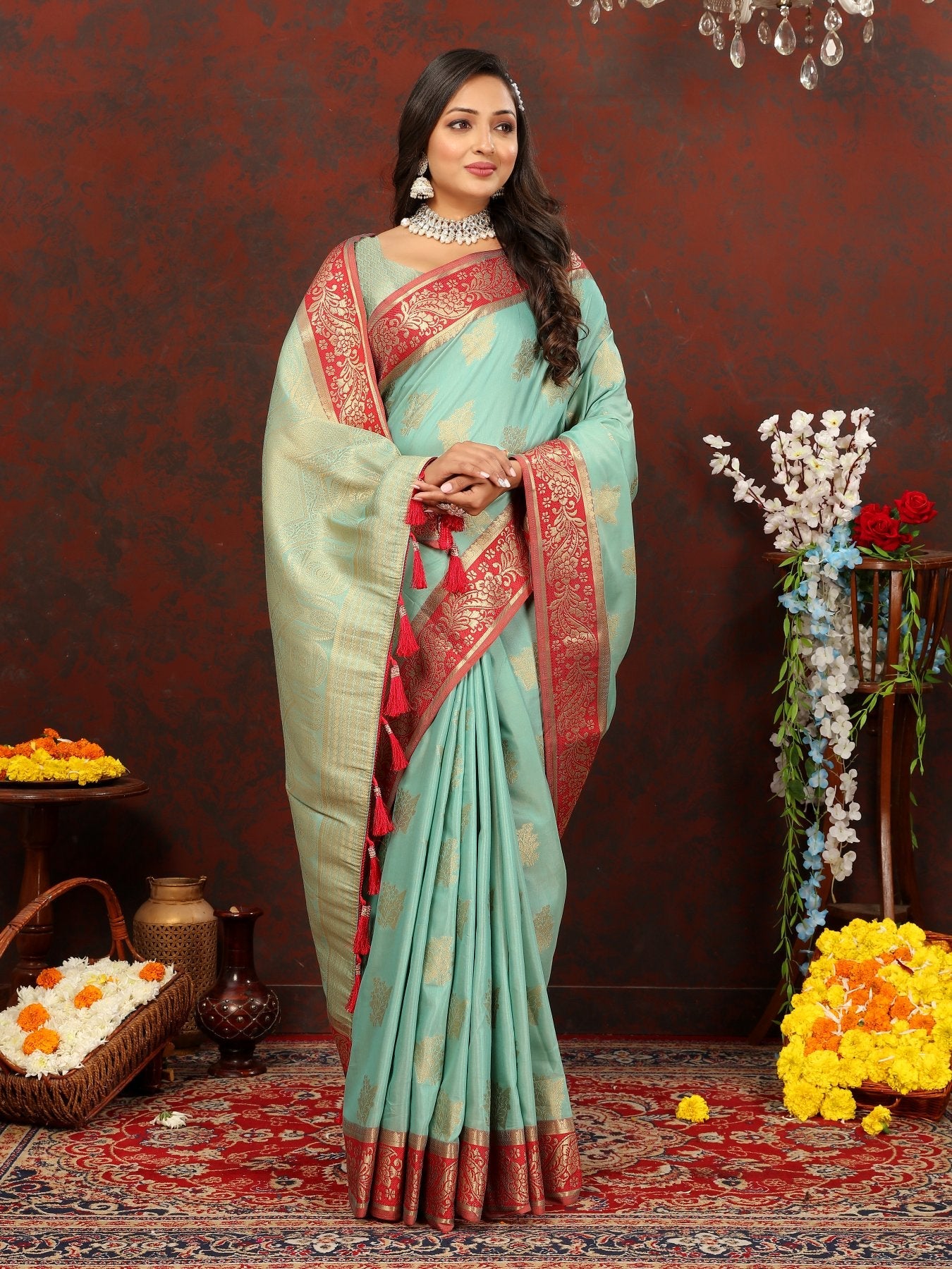 Mellifluous Sea Green Cotton Silk Saree With Lissome Blouse Piece