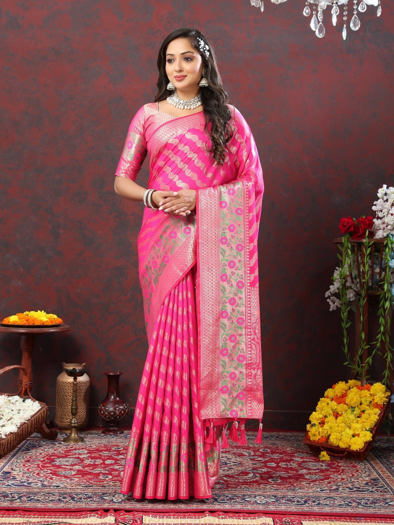 Ephemeral Dark Pink Soft Banarasi Silk Saree With Glorious Blouse Piece