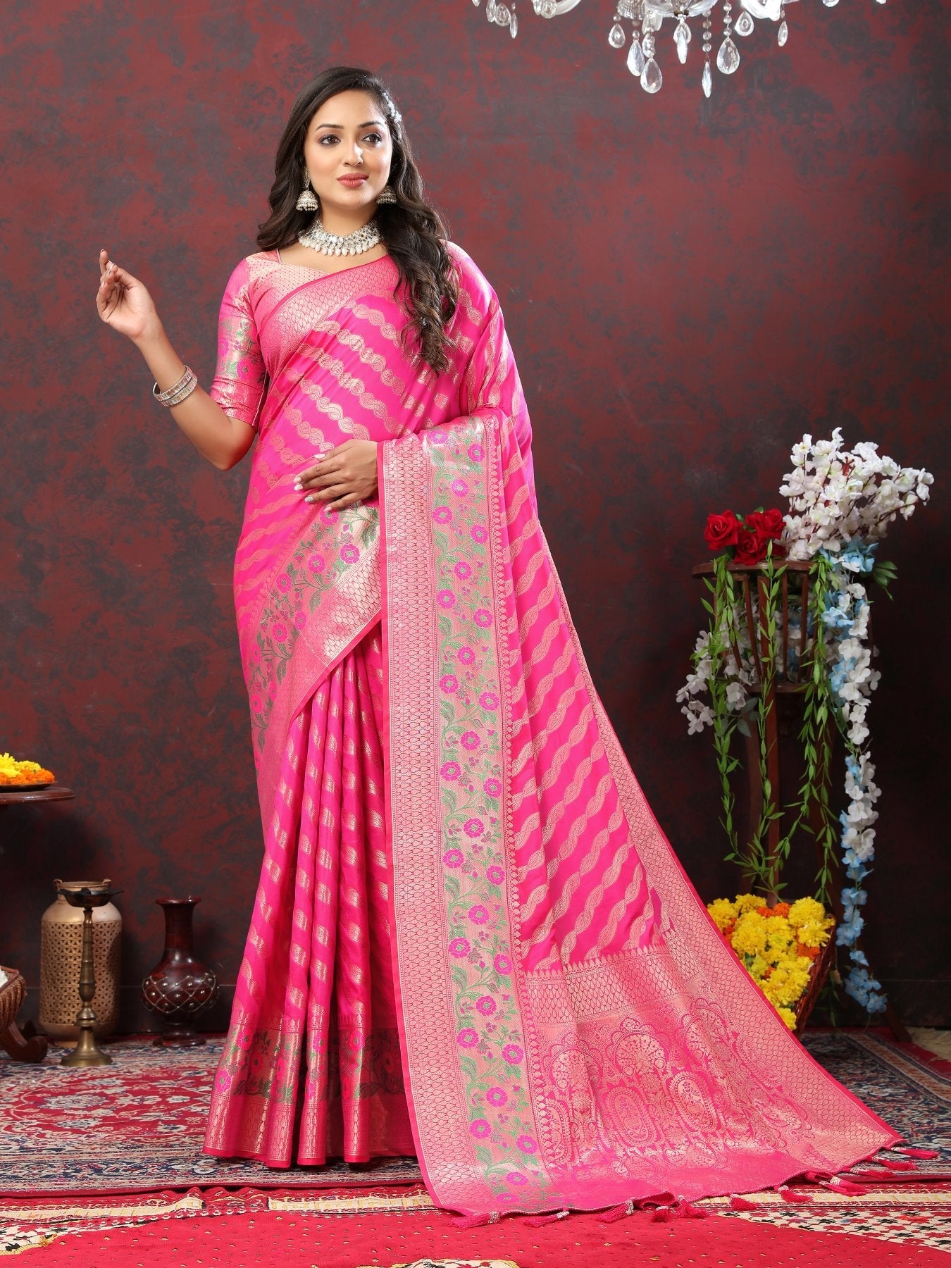 Ephemeral Dark Pink Soft Banarasi Silk Saree With Glorious Blouse Piece