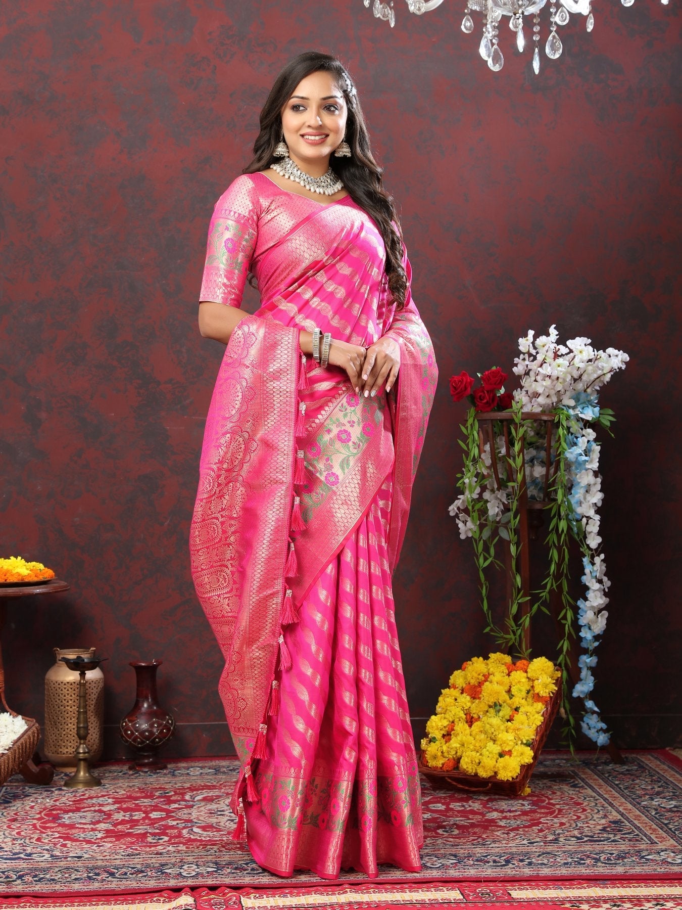 Ephemeral Dark Pink Soft Banarasi Silk Saree With Glorious Blouse Piece