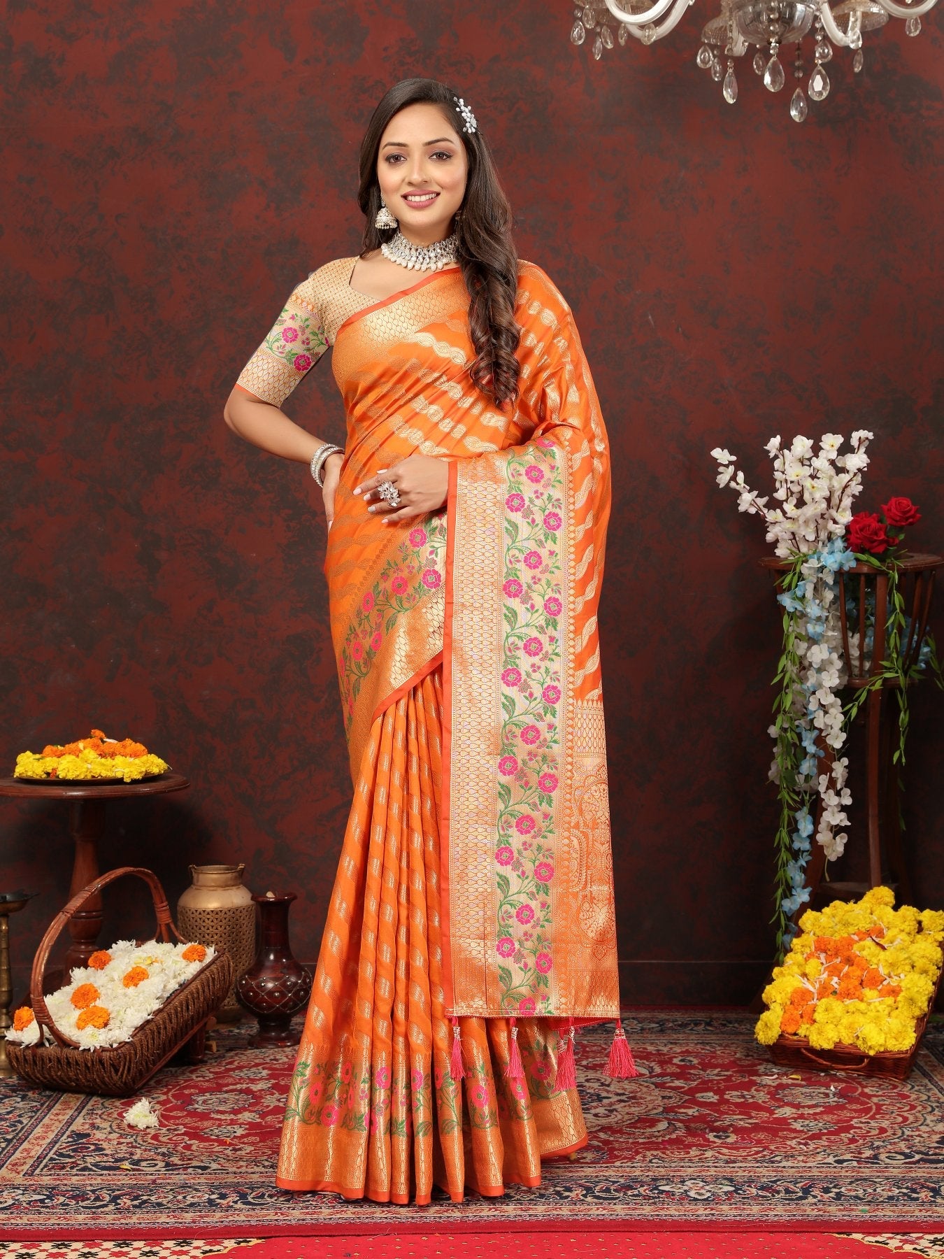 Tantalizing Orange Soft Banarasi Silk Saree With Lassitude Blouse Piece