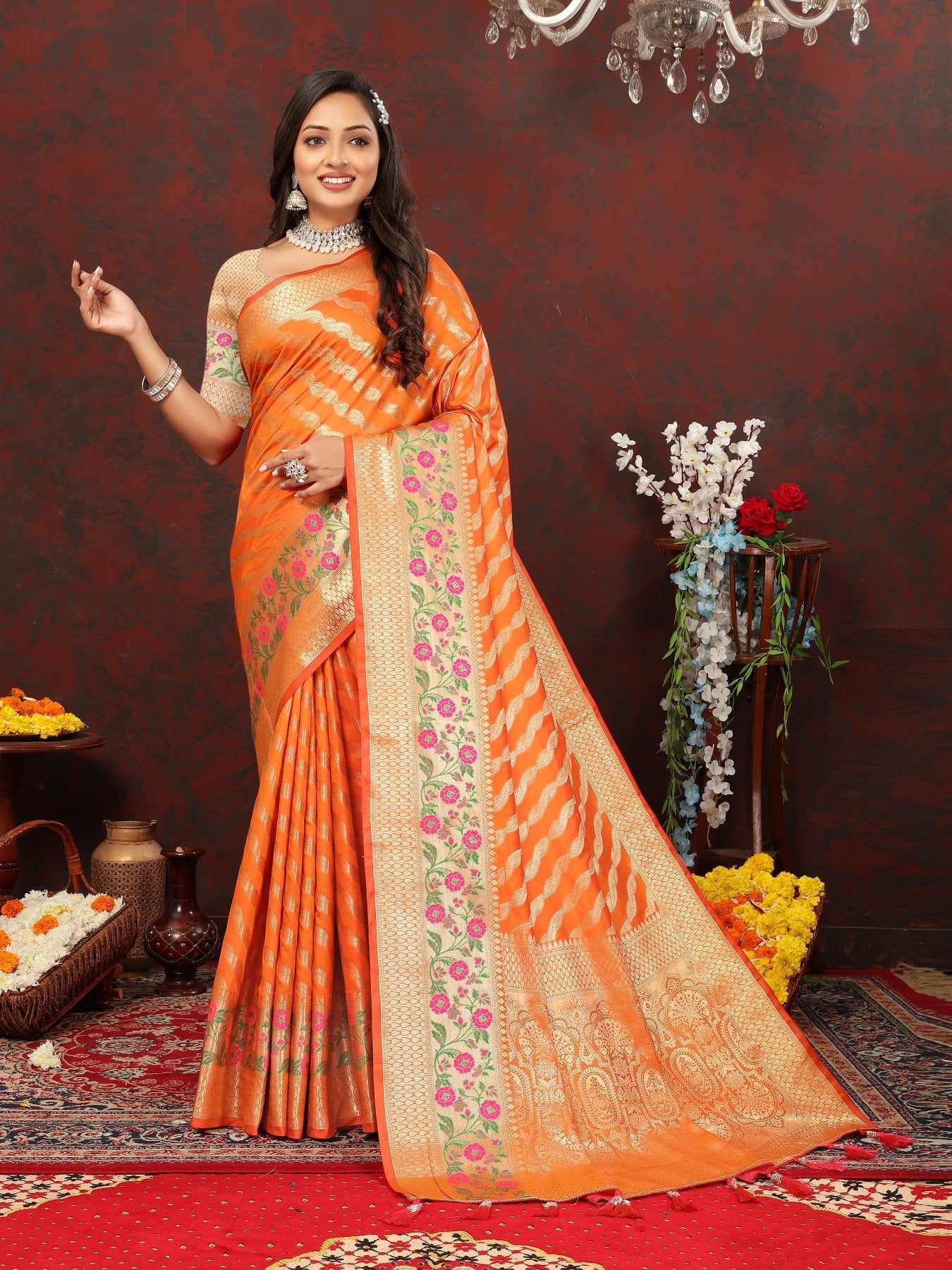 Tantalizing Orange Soft Banarasi Silk Saree With Lassitude Blouse Piece